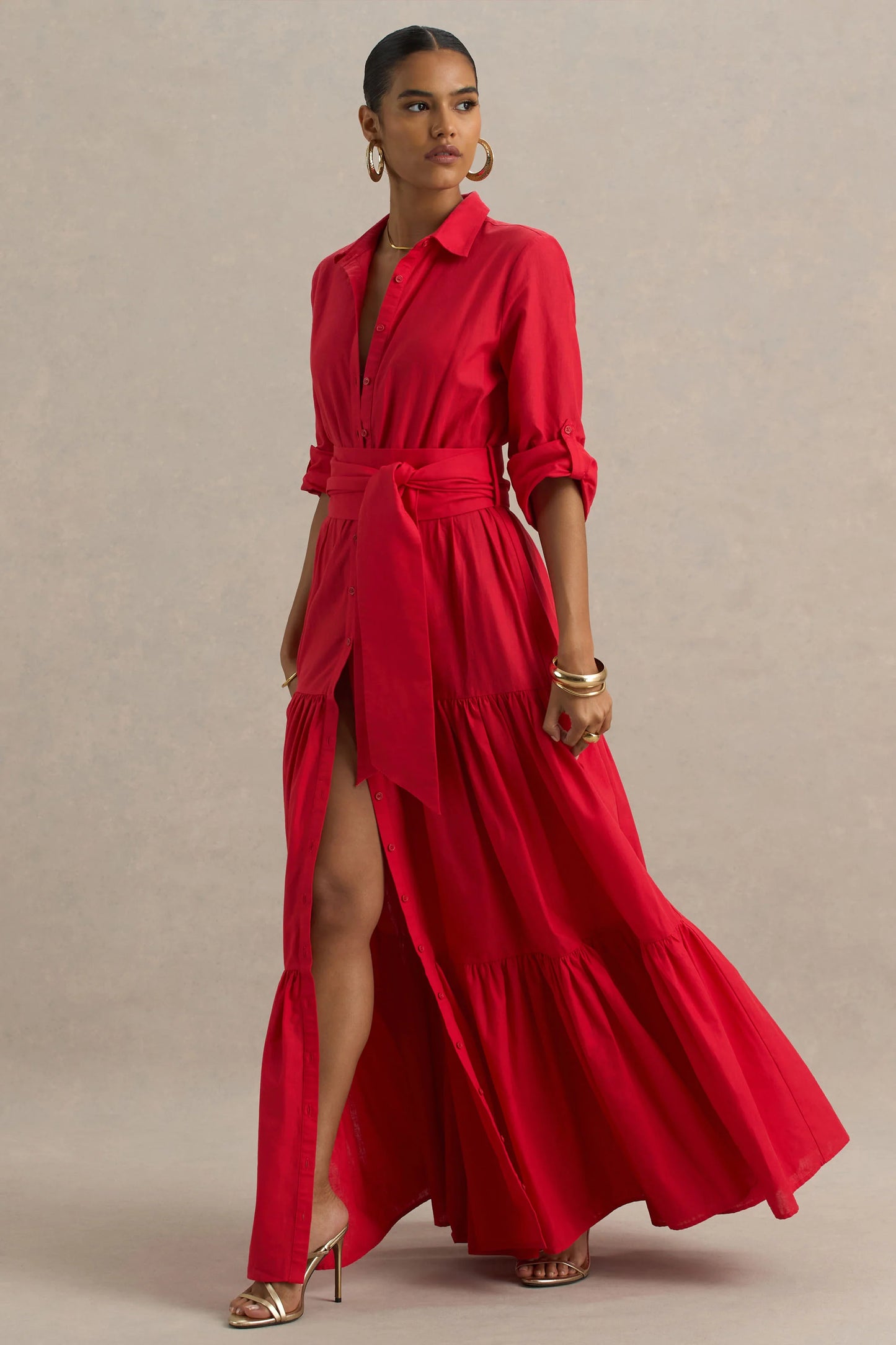 Sydney Red Belted Maxi Shirt Dress