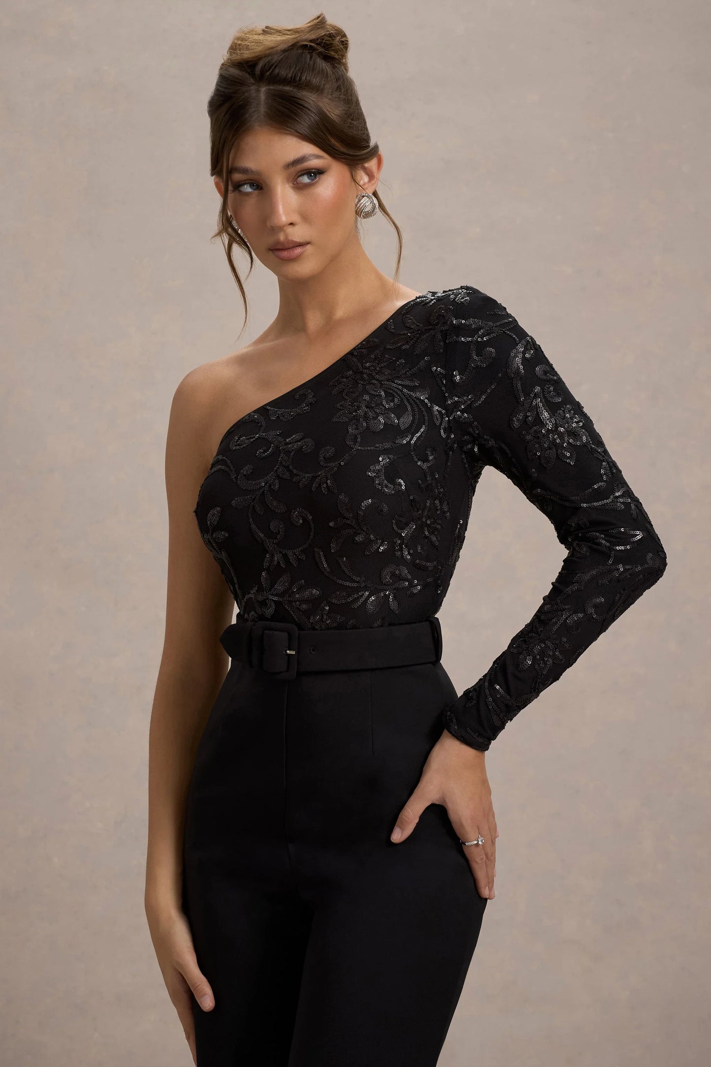 Upgrade Black Lace Asymmetric Belted Wide-Leg Jumpsuit