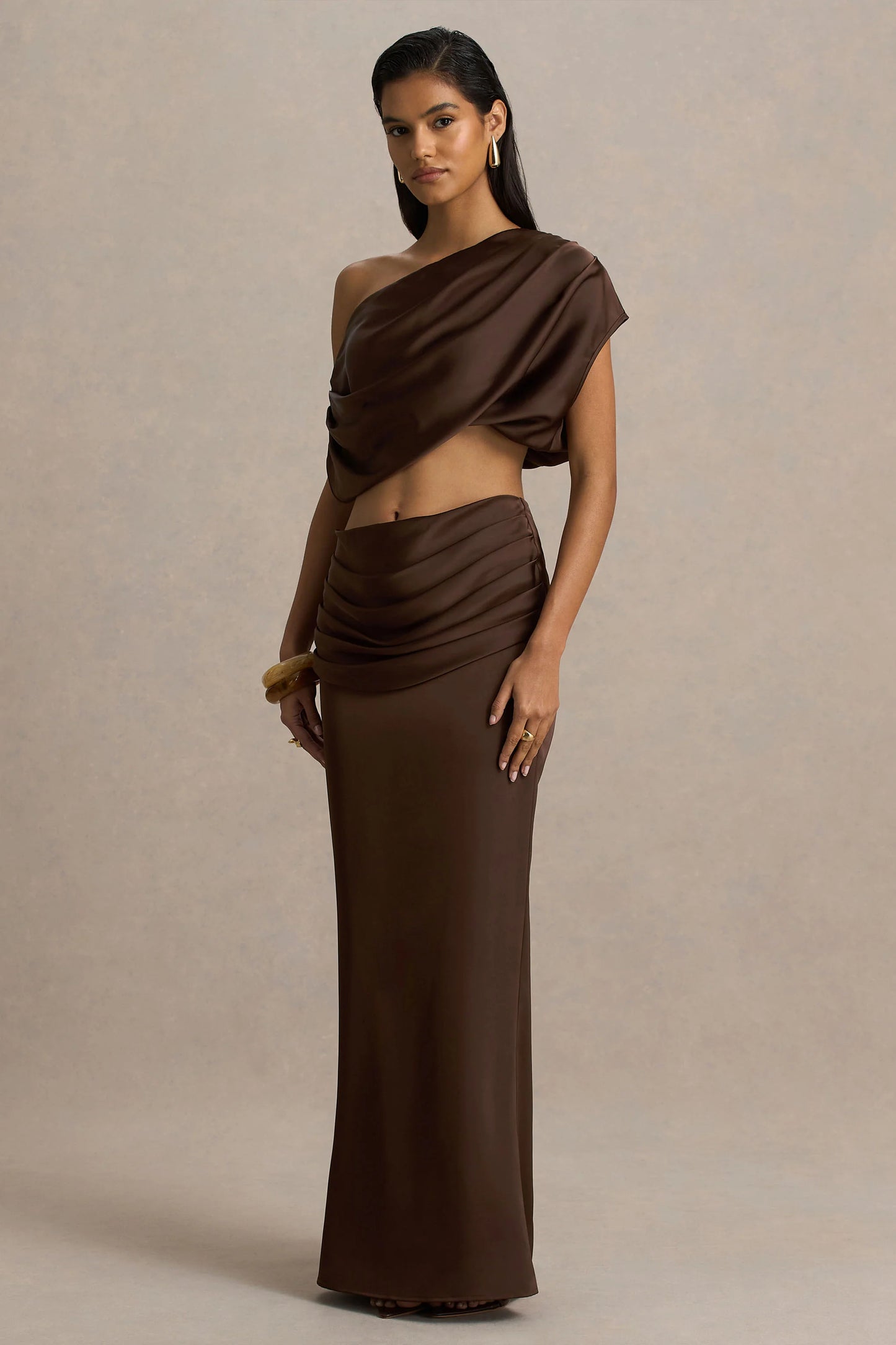 Megan Brown Satin Wrap Maxi-Skirt With Gathered Detailing