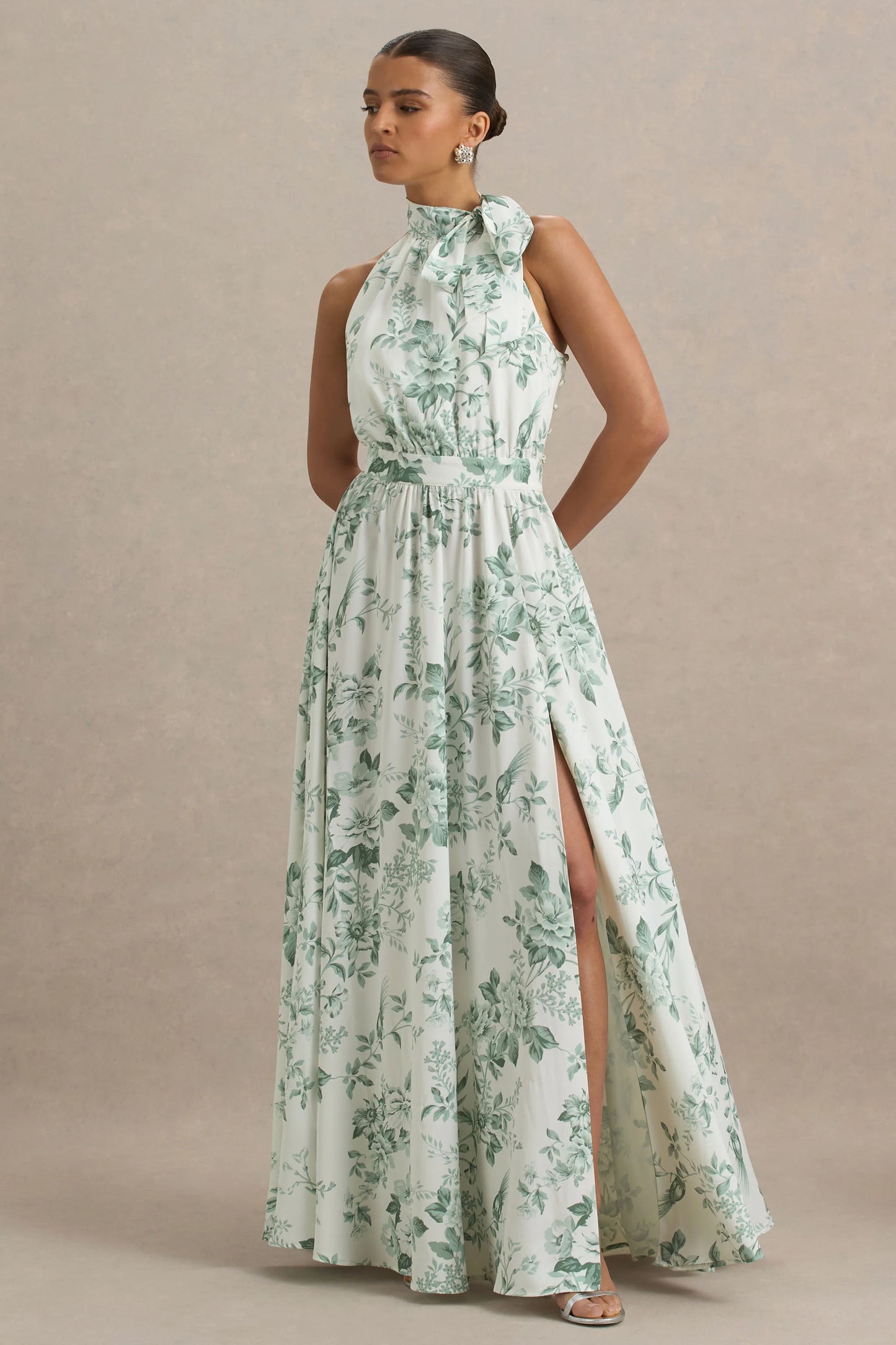 Talia Green Floral Print High-Neck Maxi Dress With Front High Split