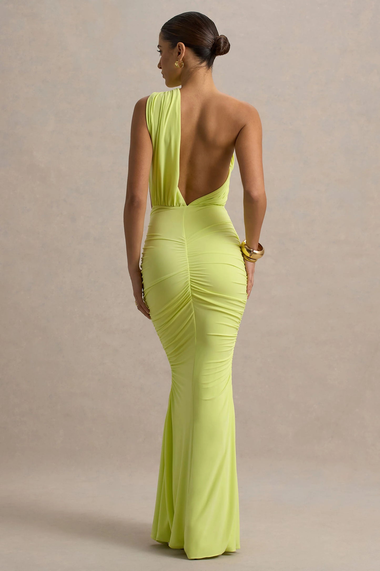Beline Lime Green One-Shoulder Cut-Out Maxi Dress With Drape