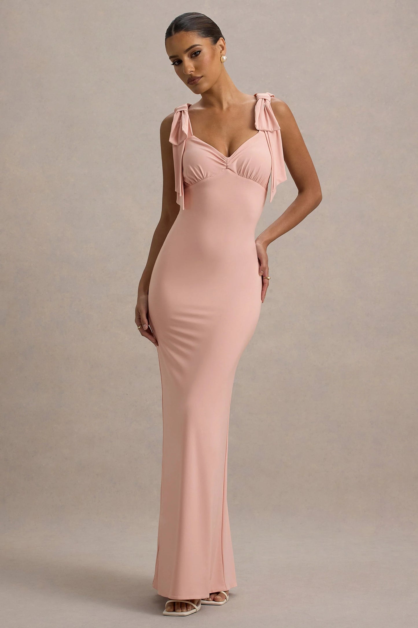 Evanna Pink V-Neck Maxi Dress With Bow Straps