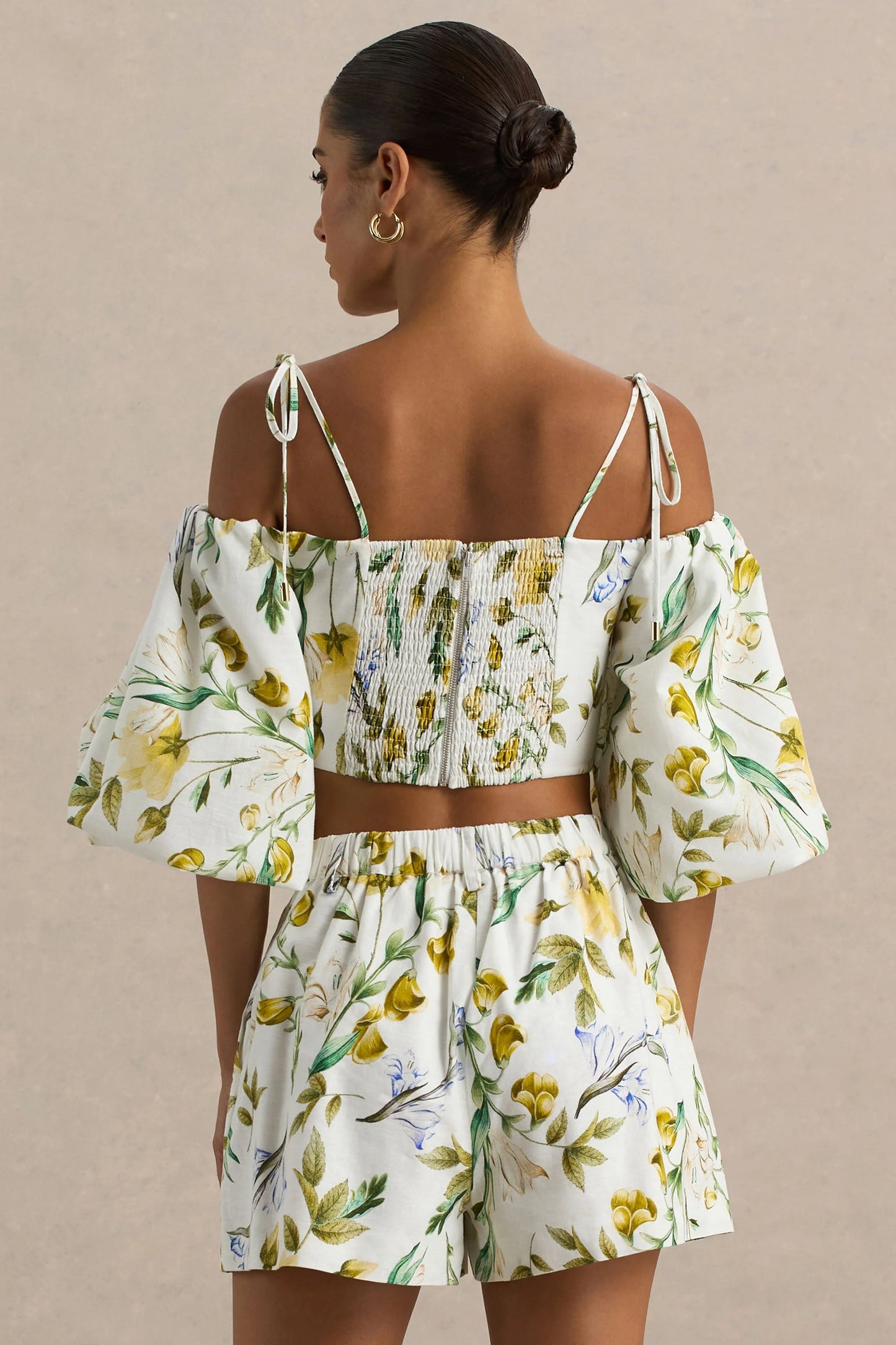 Amberly Lemon Floral Print Plunge-Neck Ruffled Crop Top