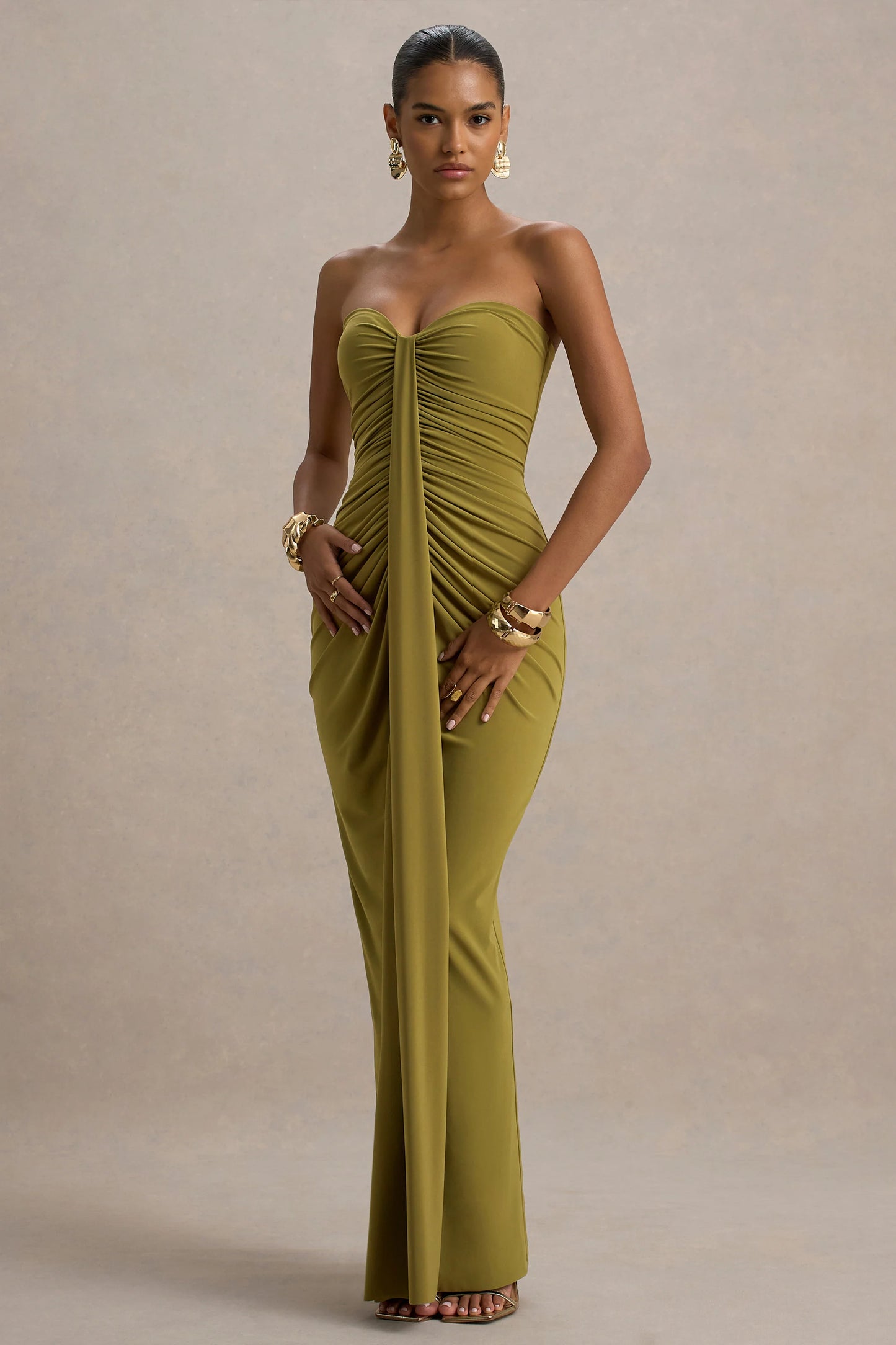 Ali Olive Sweetheart Ruched Wrap Maxi Dress
