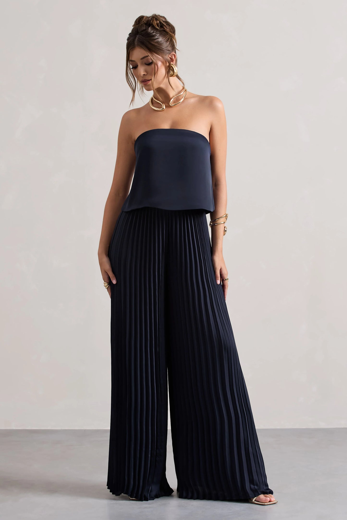 Tammi Navy Satin Strapless Plisse Wide-Leg Jumpsuit