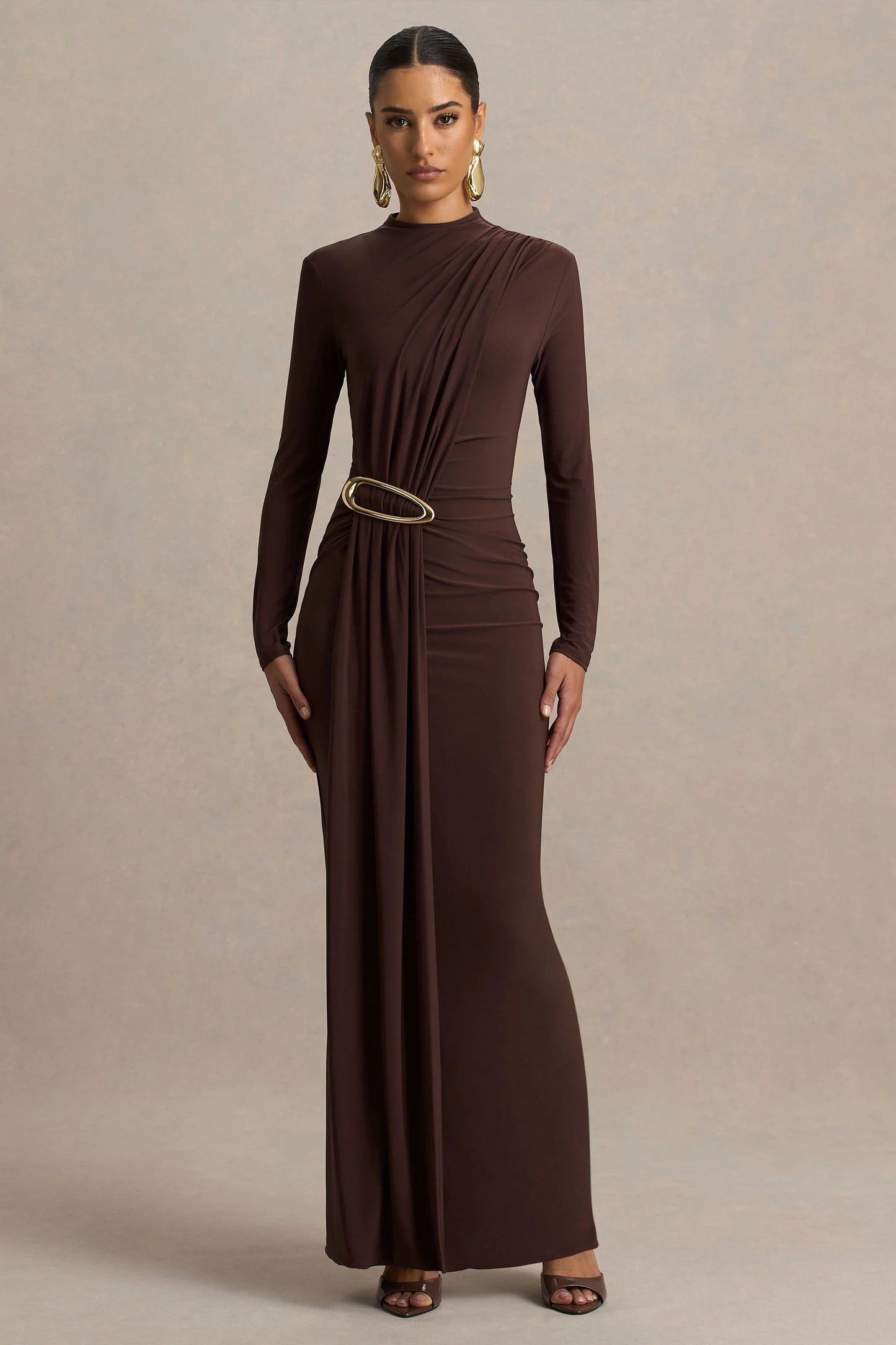 Zadie Brown High-Neck Maxi Dress With Gathered-Detail