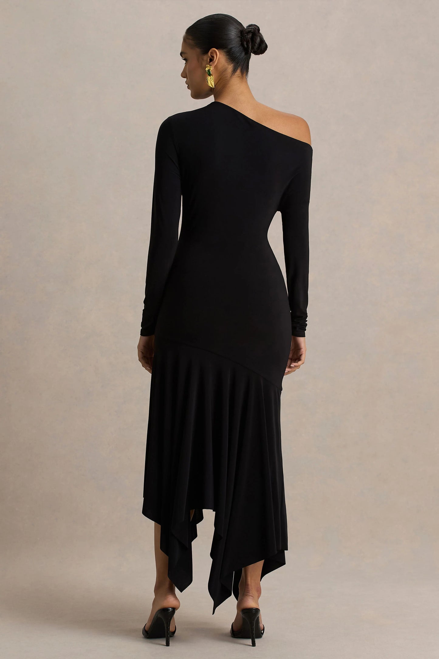 Isola Black Asymmetric-Neck Midi Dress With Hanky-Hem