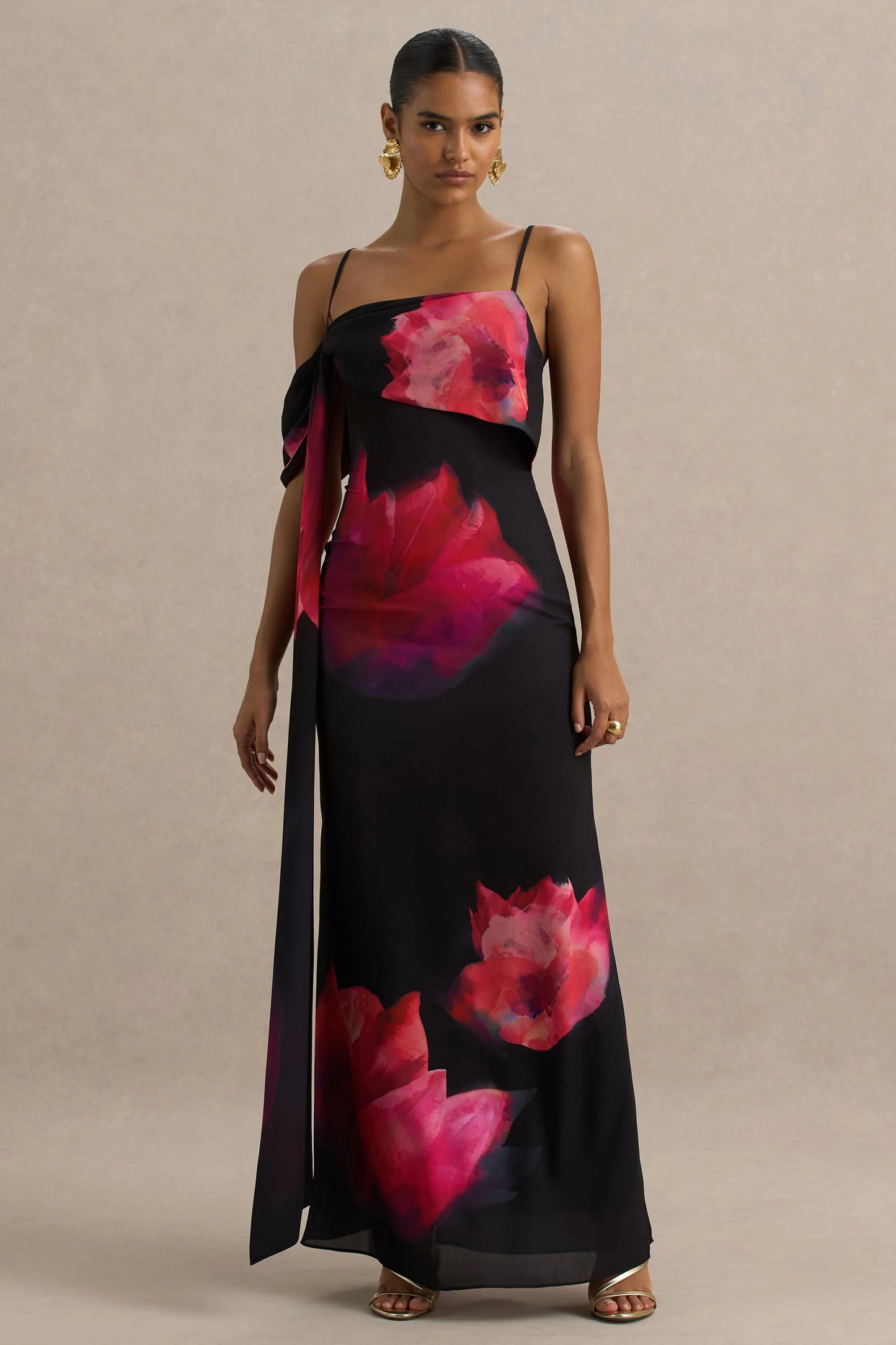 Leonara Black And Pink Floral Print Cowl-Neck Maxi Dress With One-Sleeve