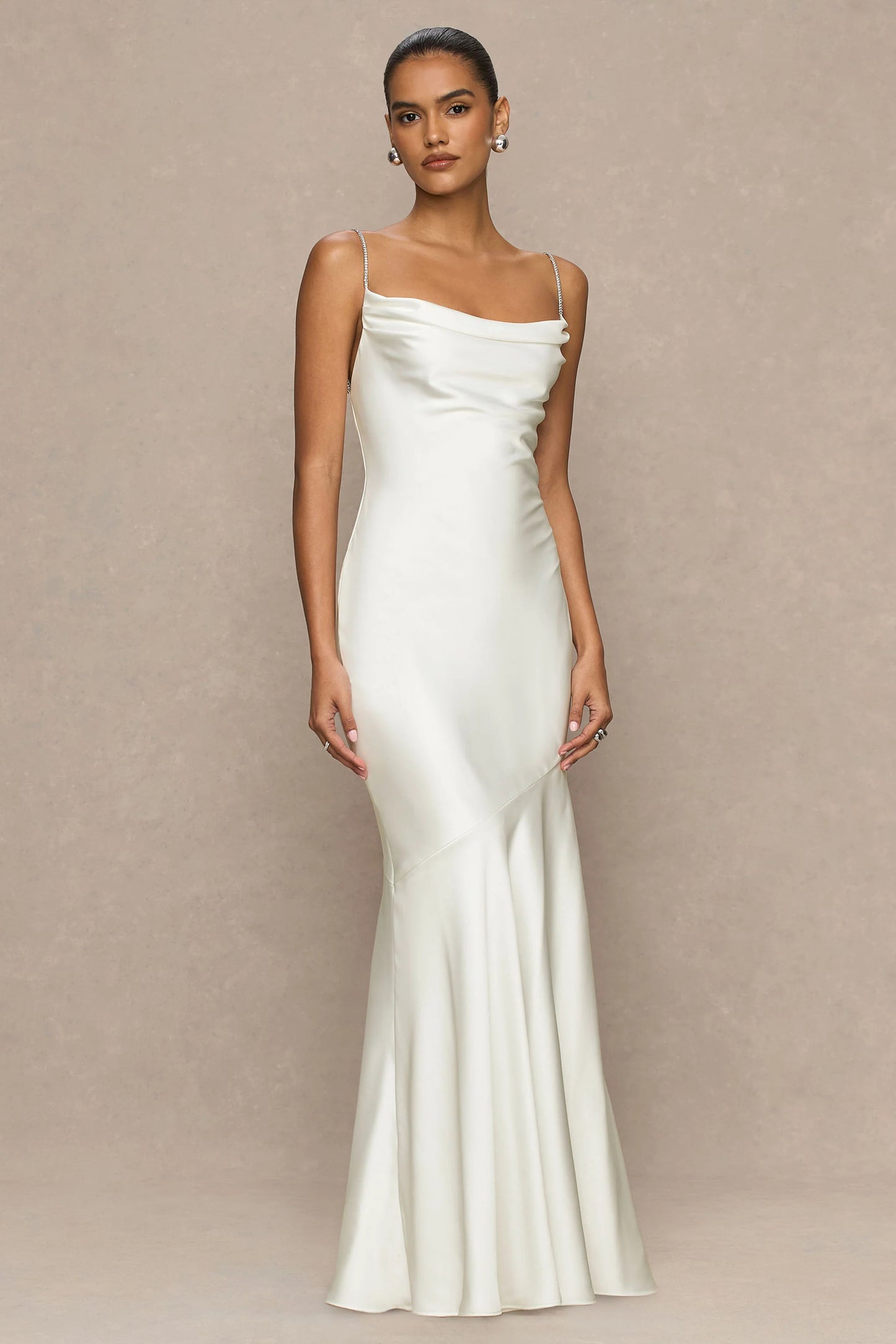 Maelia Cream Satin Cowl-Neck Maxi Dress With Diamante Straps