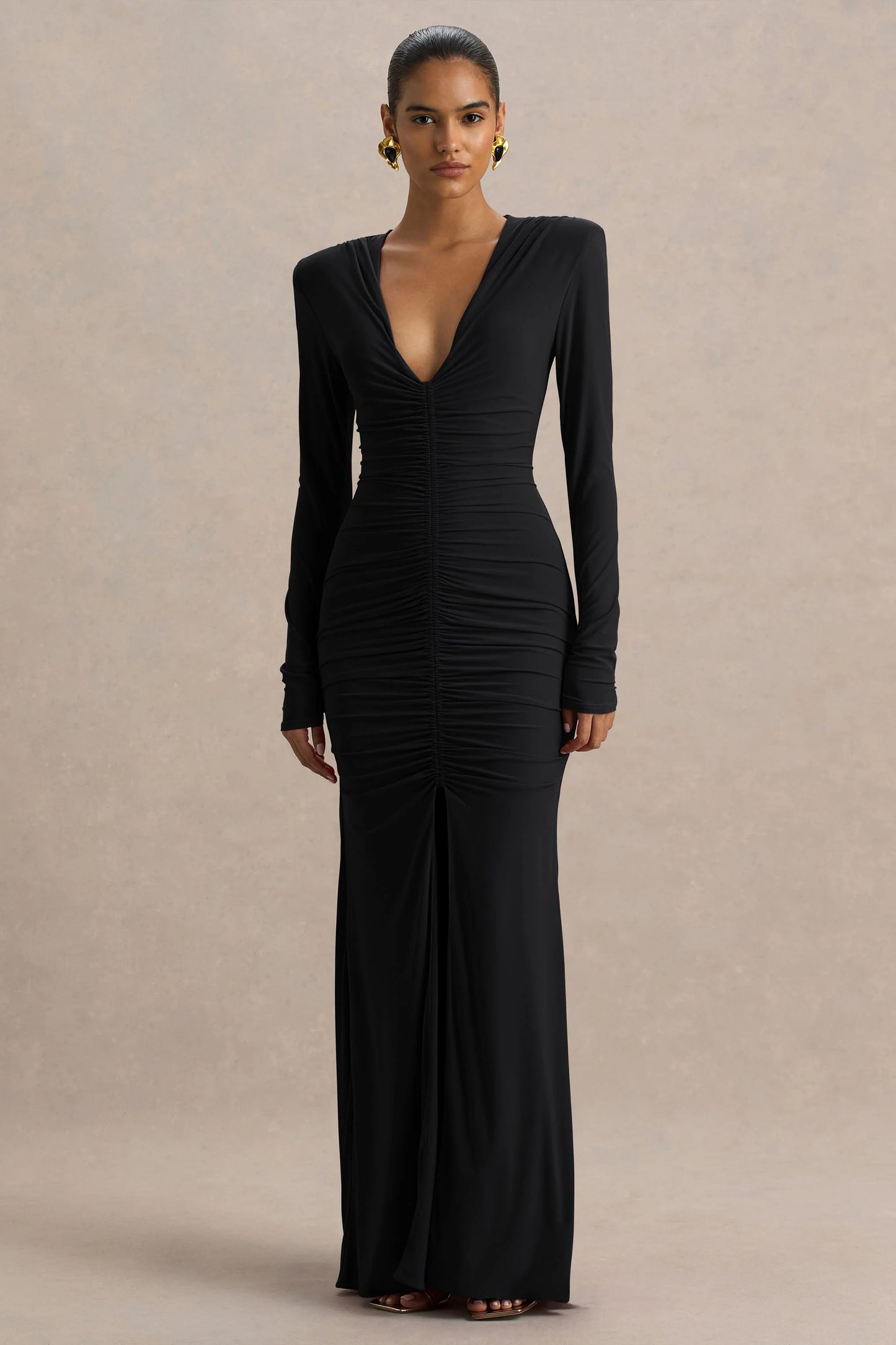 Jewel Black Plunge-Neck Maxi Dress With Front Split and Ruched Detailing