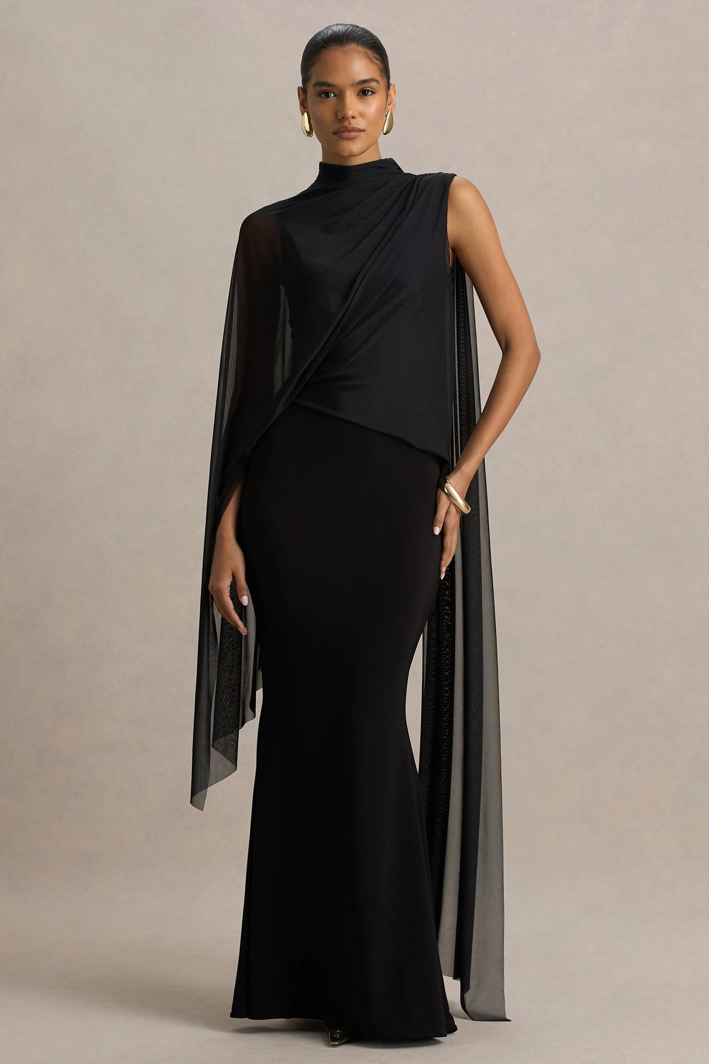 Amour Black High-Neck Maxi Dress With Cape Sleeve Detail