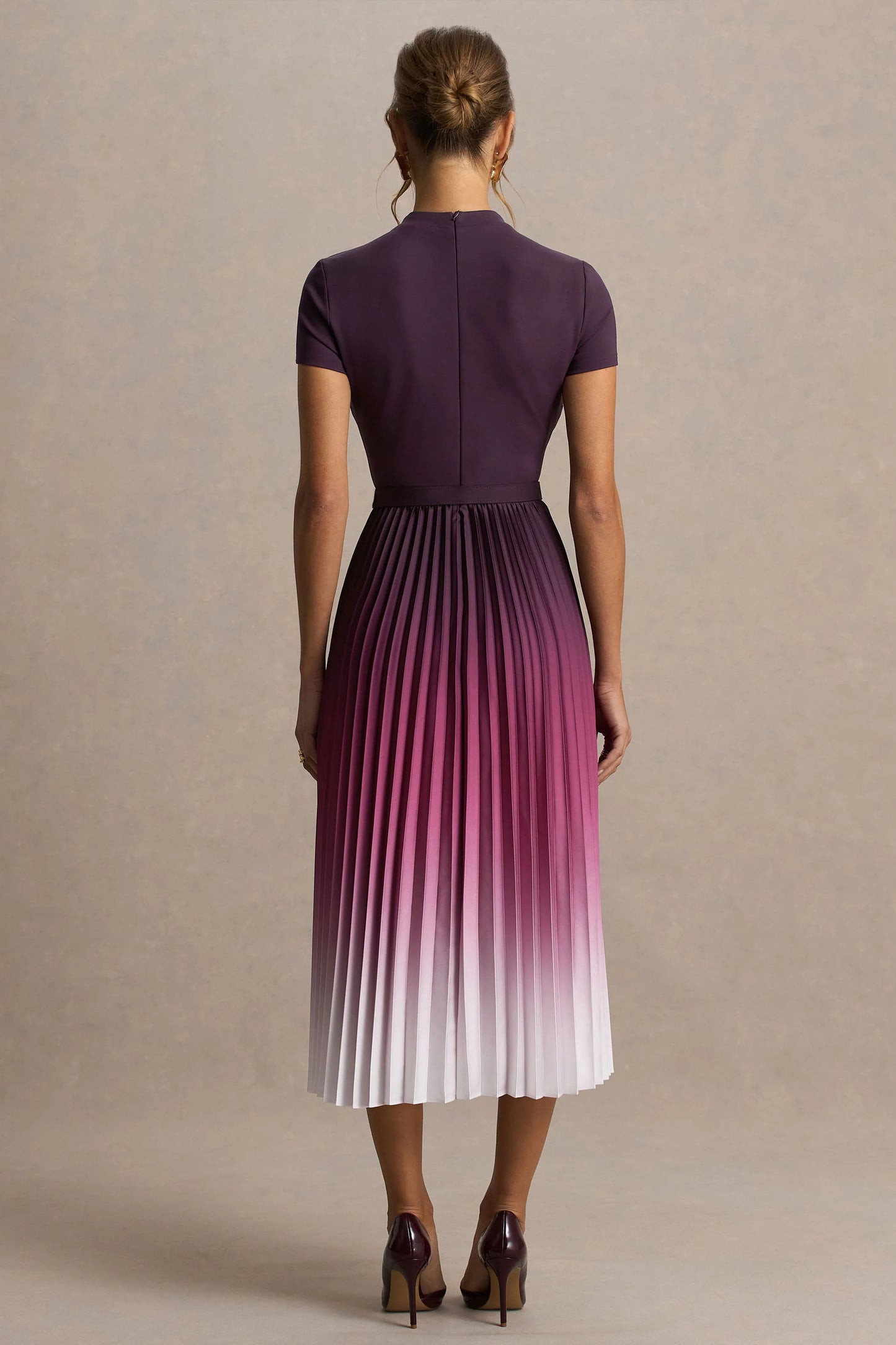 Libby Burgundy Ombre Woven High-Neck Midi Dress With Pleated Detailing