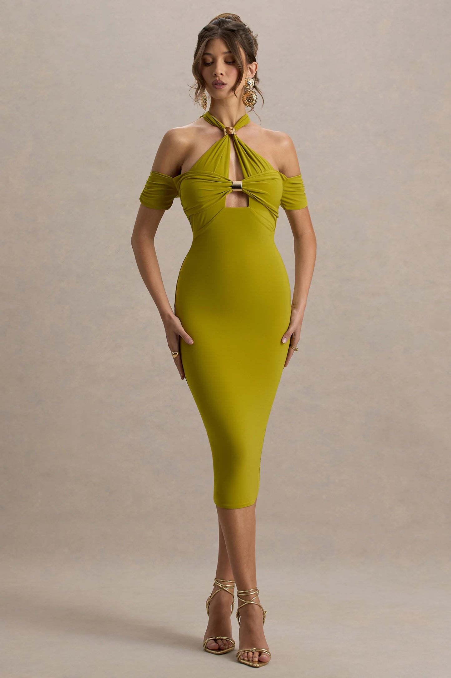 Selvina Green Cut-Out Halter-Neck Midi Dress