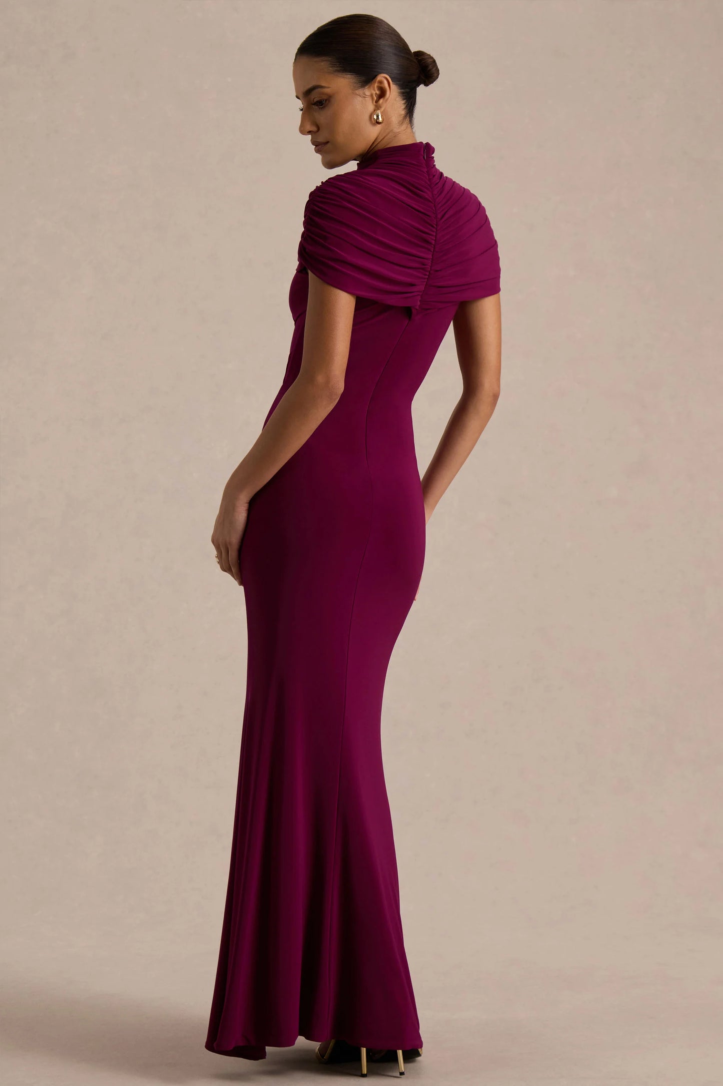 Azaria Burgundy High-Neck Maxi Dress With Ruched Detailing