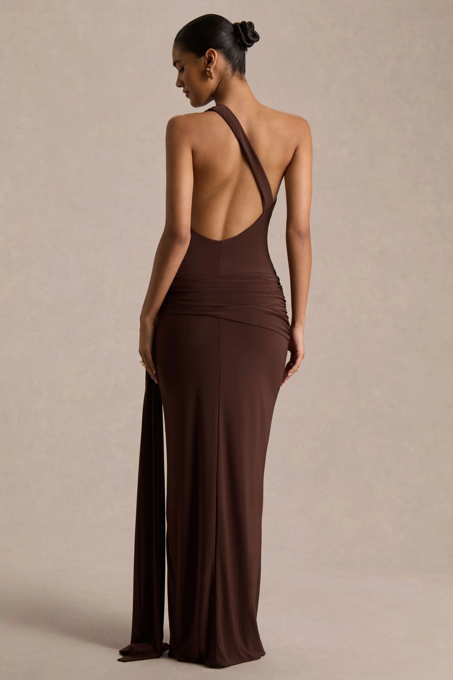 Bonnie Brown Asymmetric-Neck Maxi Dress With Open-Back