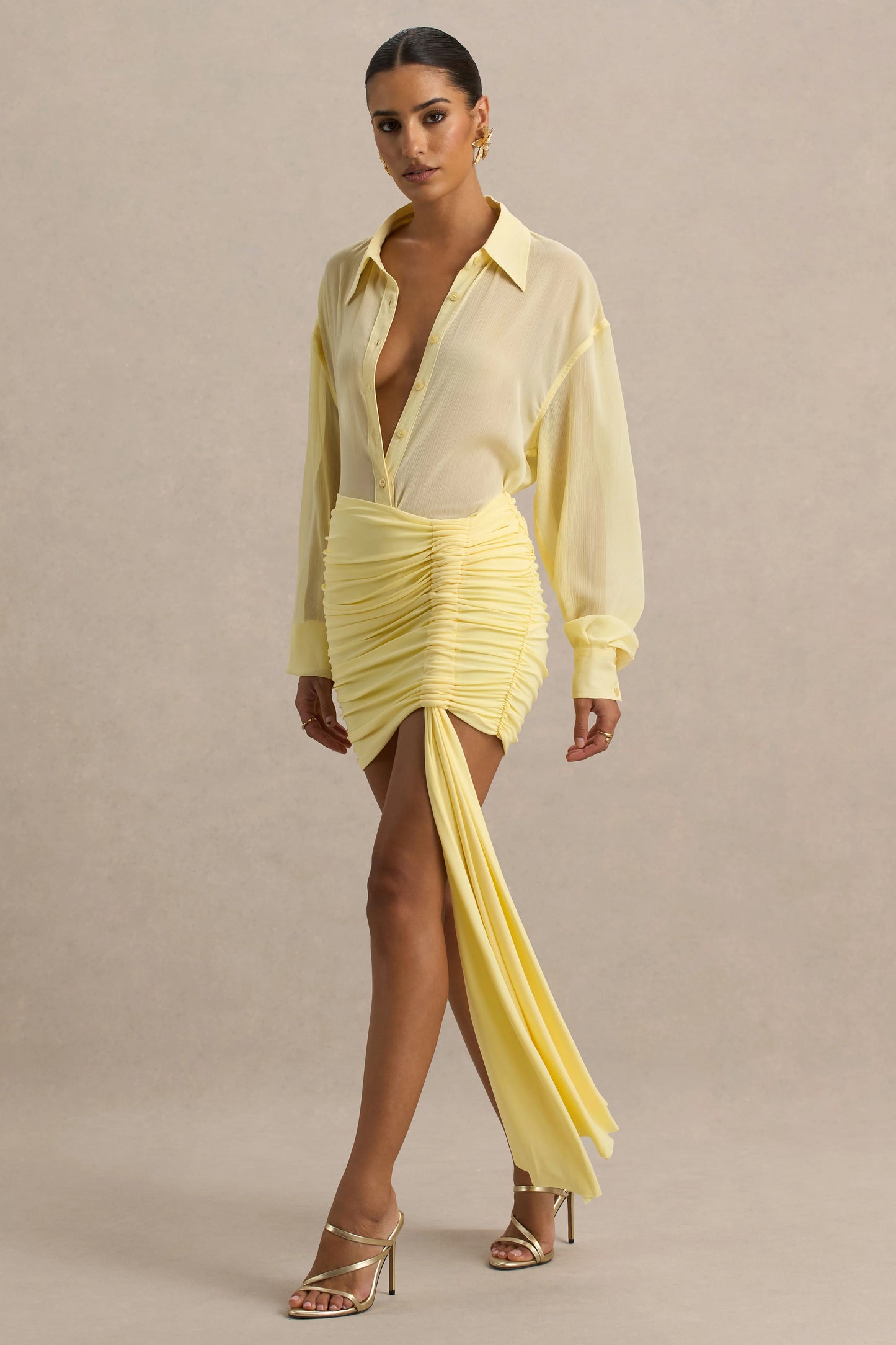 Katelyn Lemon Ruched Wrap Mini Skirt With Sash