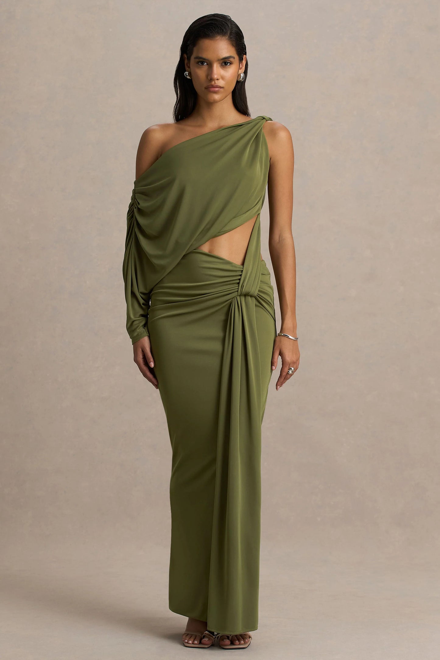 Layla Olive Asymmetric-Neck Wrap Maxi Dress With Body Cut-Out And Ruched Detailing