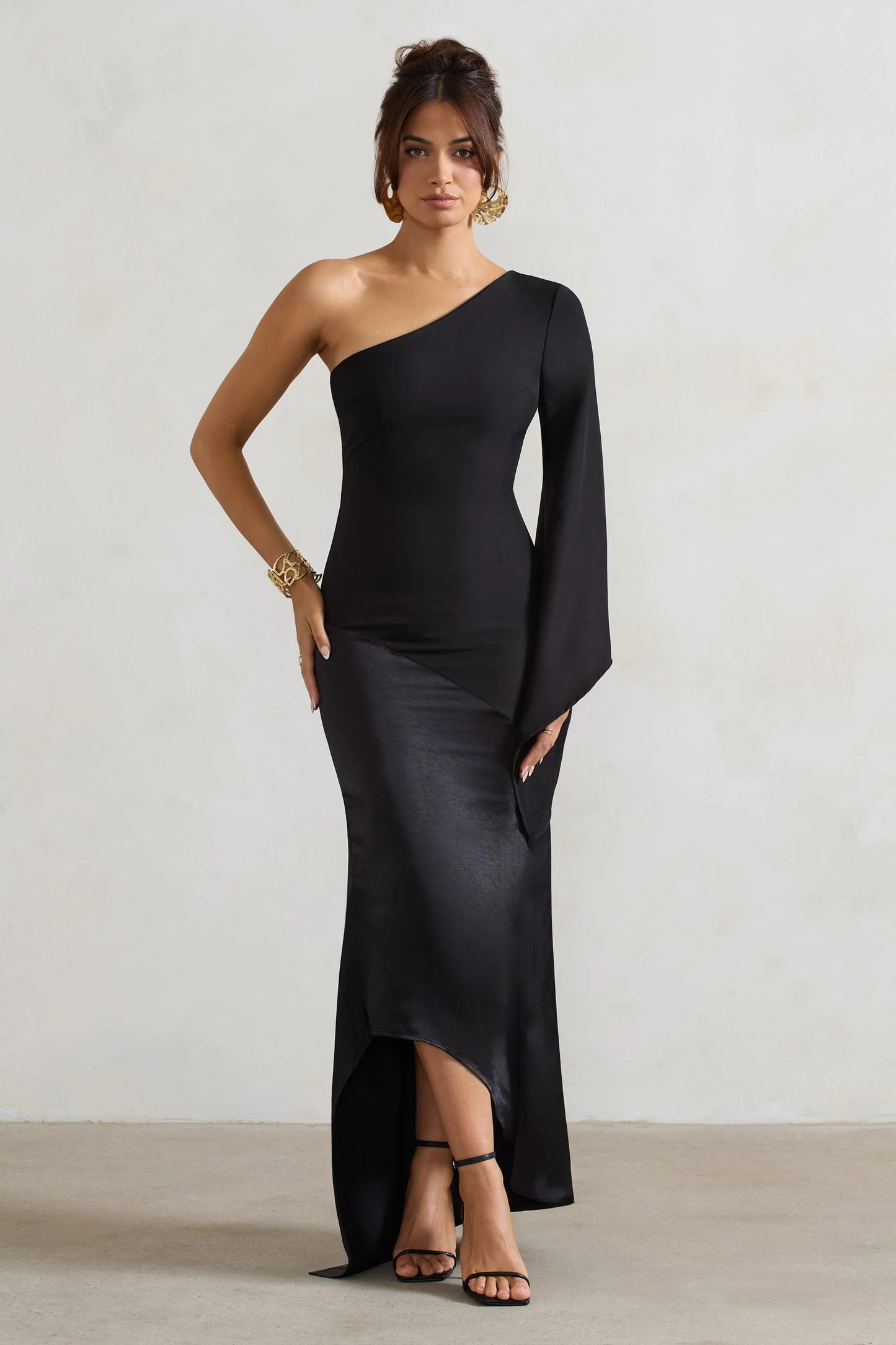 Salem Black Asymmetric Cape-Sleeve Maxi Dress With Satin Skirt