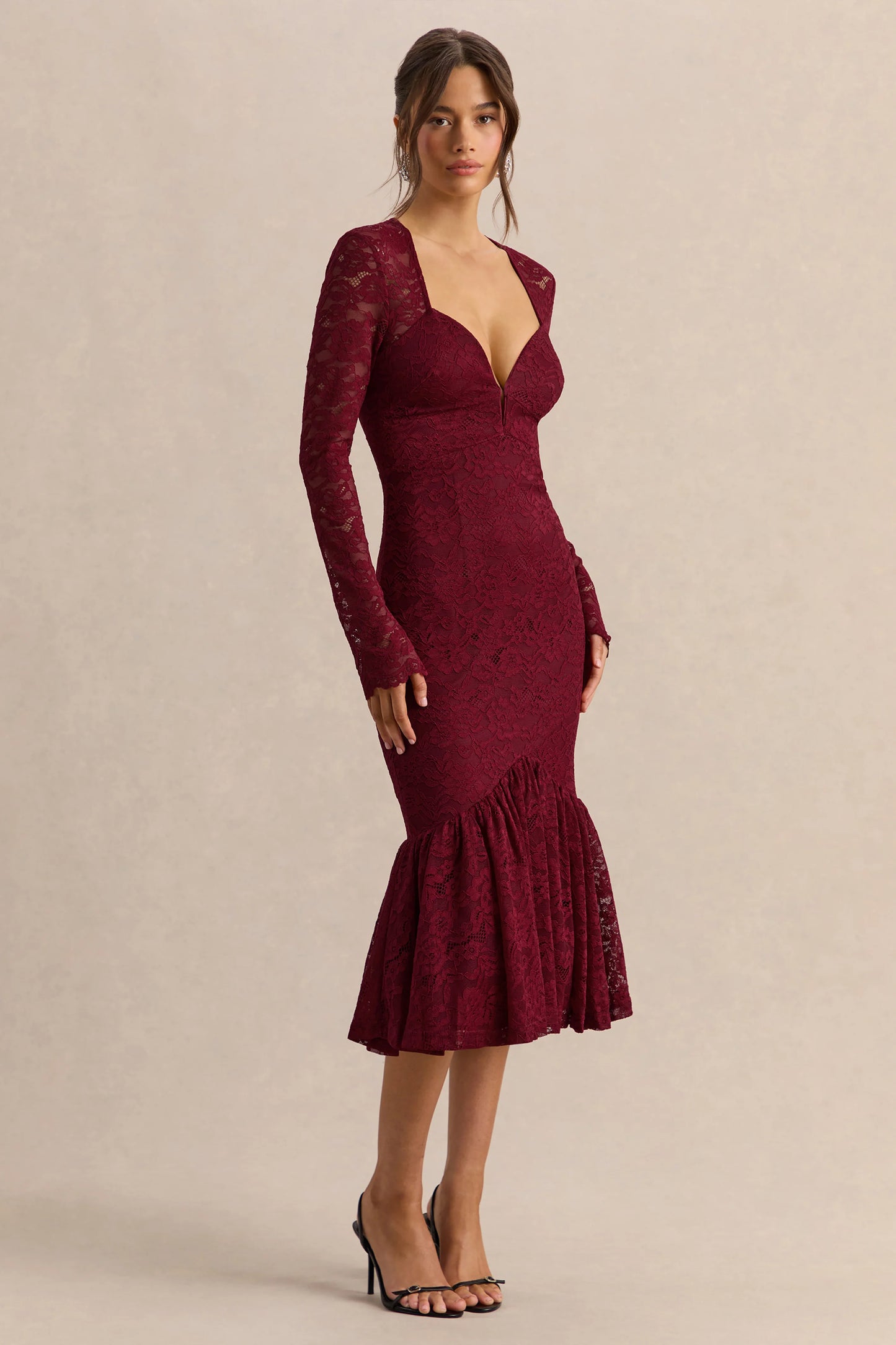 Camilly Burgundy Lace Plunge-Neck Mermaid Midi Dress