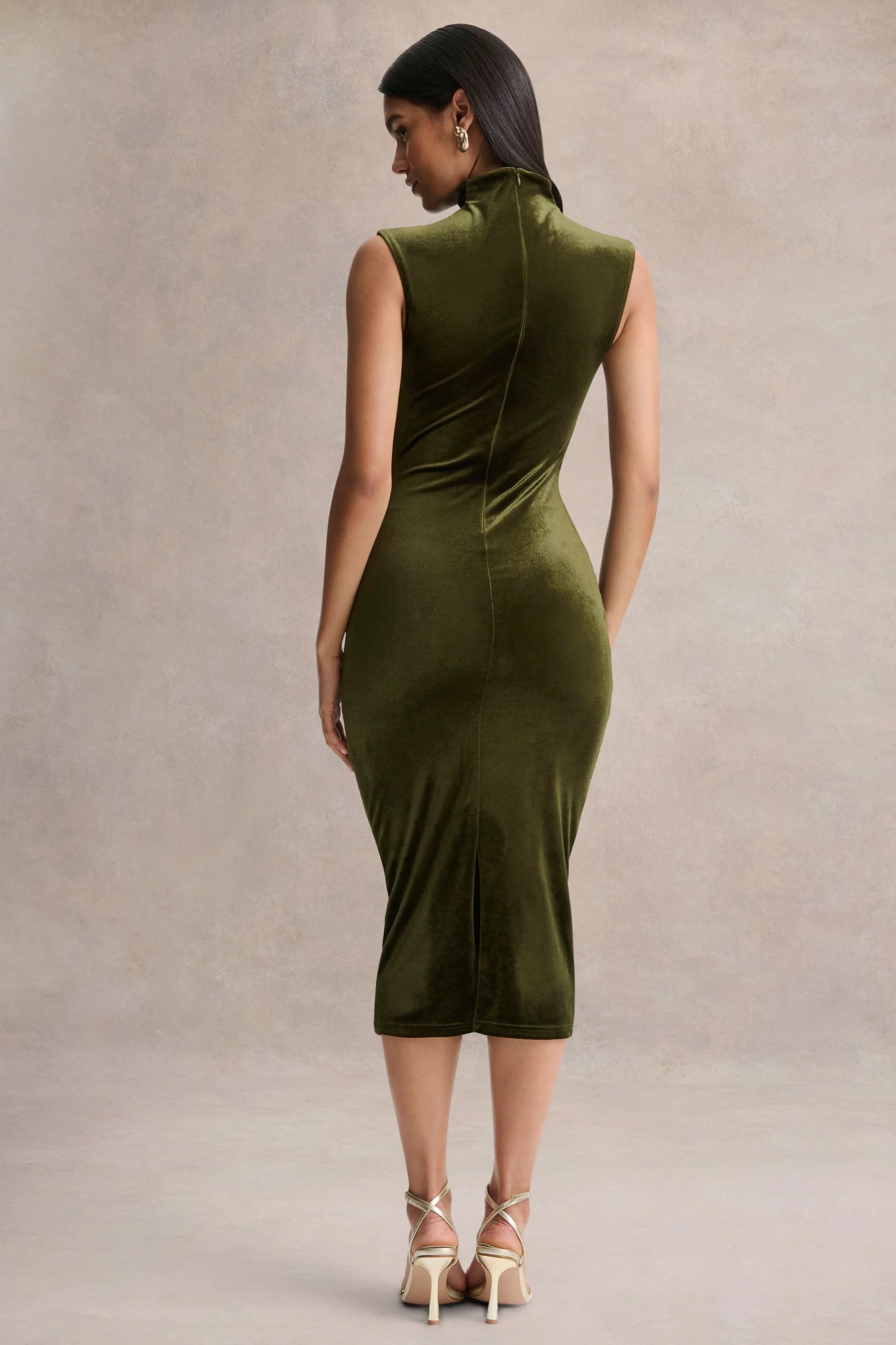 Novine Olive Velvet High-Neck Midi Dress