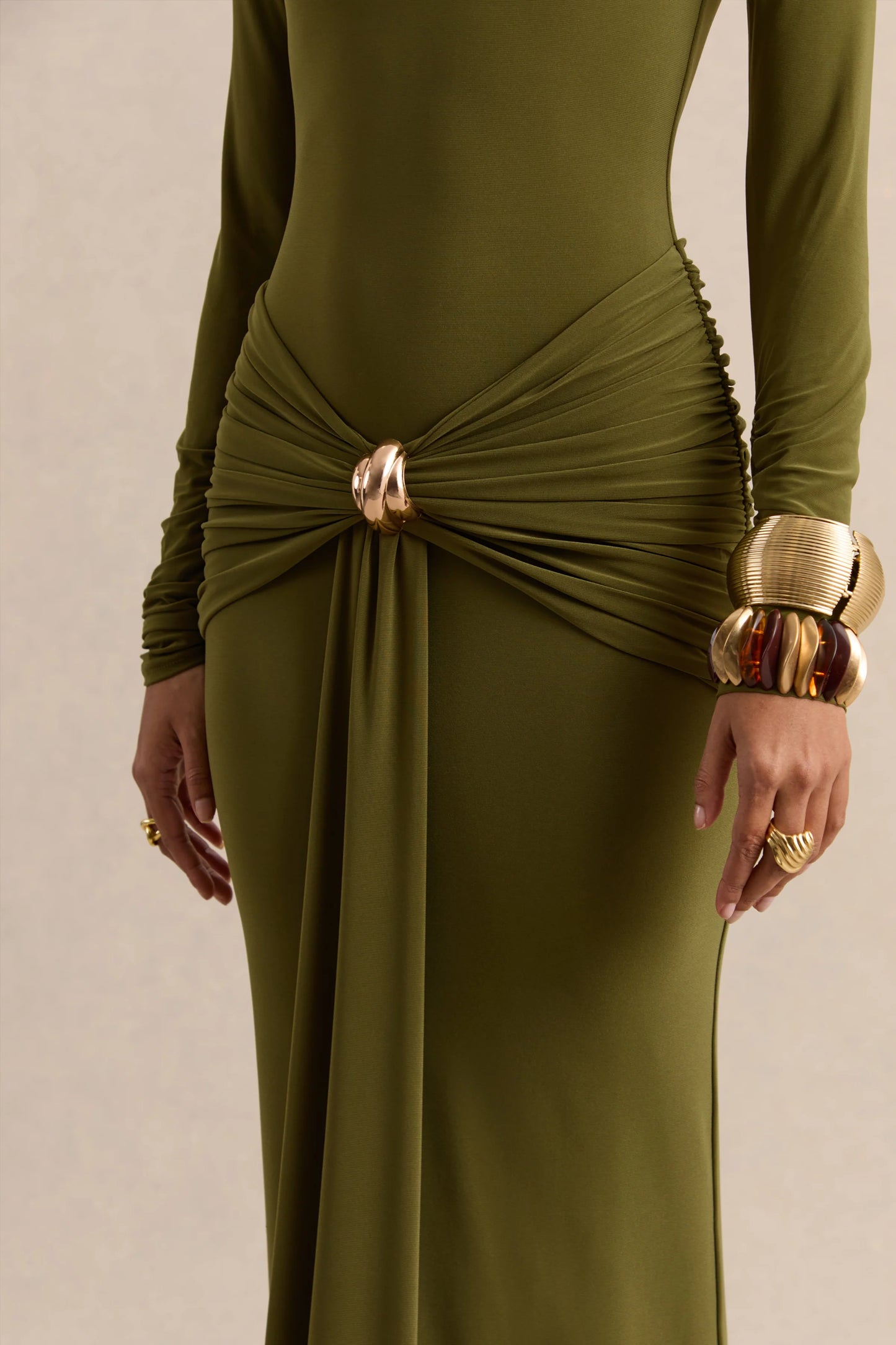 Ambrette Olive High-Neck Maxi Dress With Gathered-Detailing