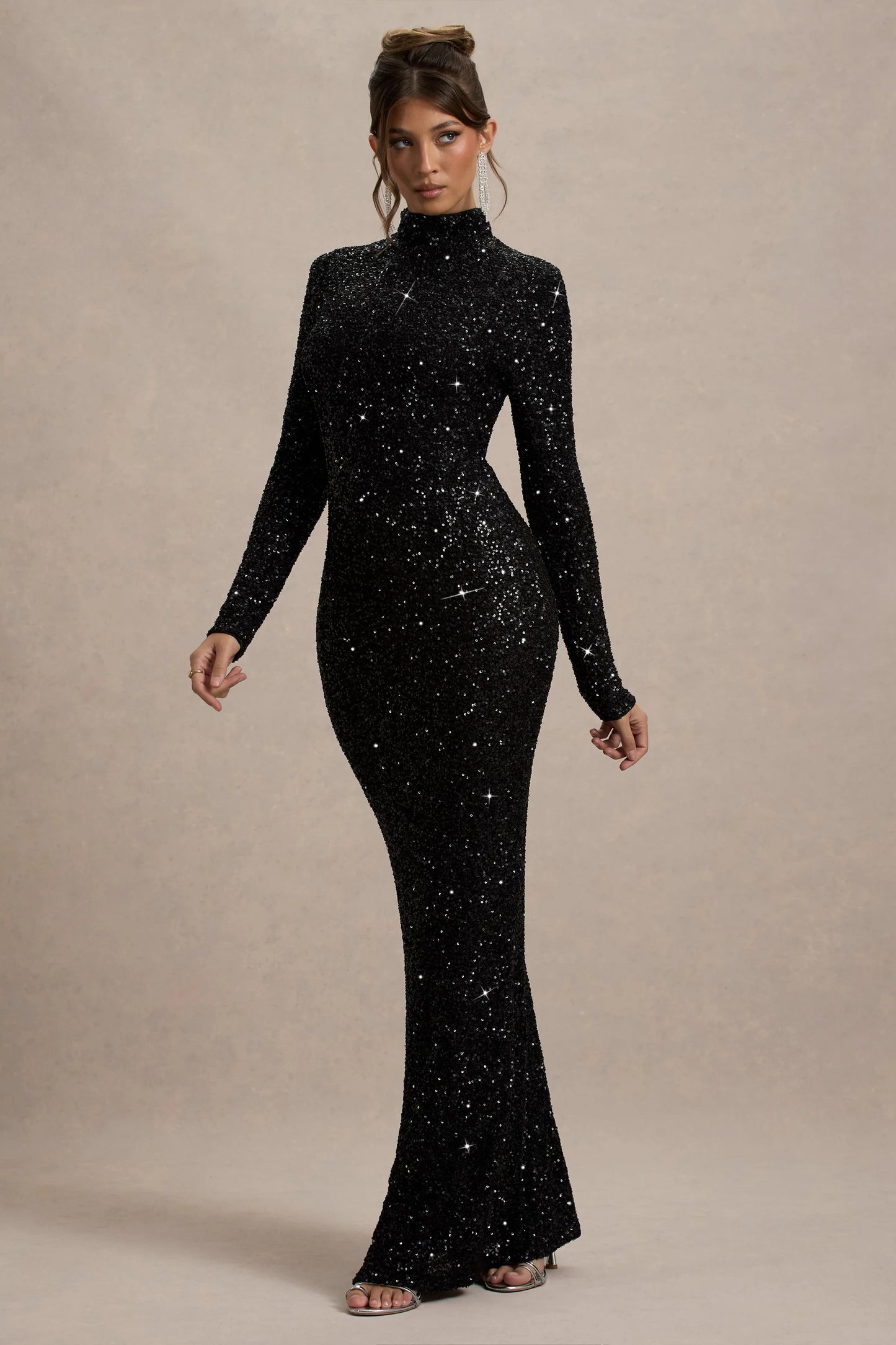 Galaxy Black Sequin Turtle-Neck Long-Sleeve Maxi Dress