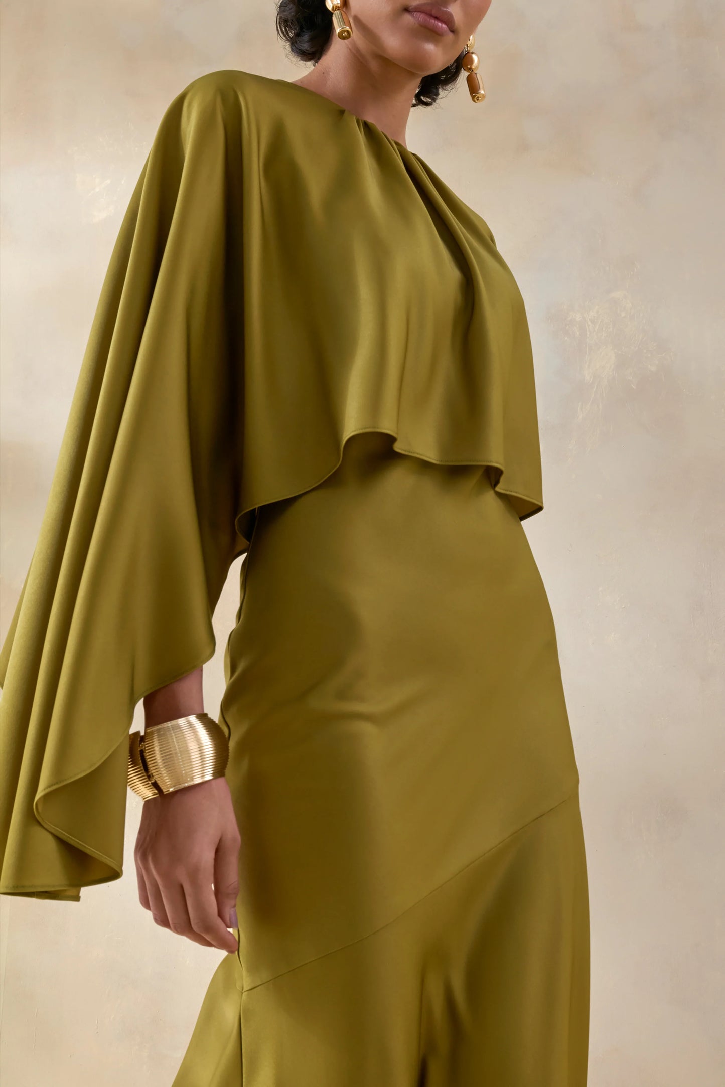 Vanthea Olive Satin Round-Neck Maxi Dress With Cape-Sleeves