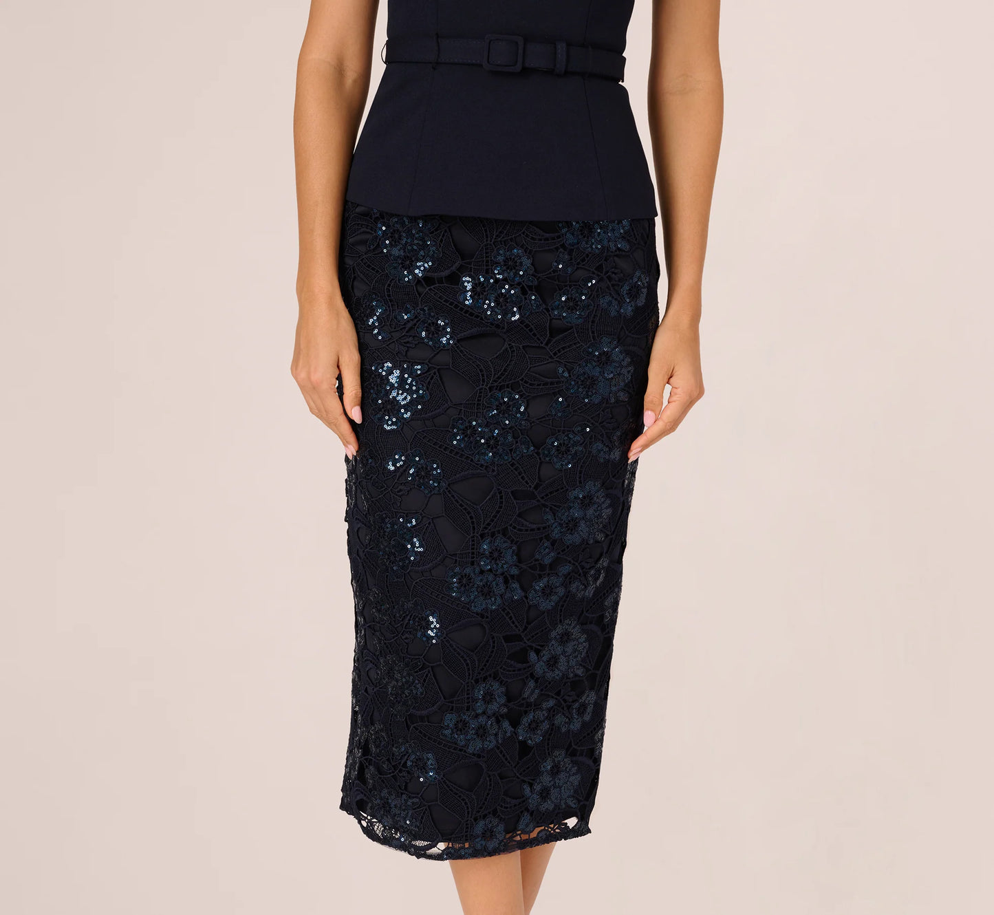 Sleeveless Sequin Lace Combo Midi Dress In Midnight