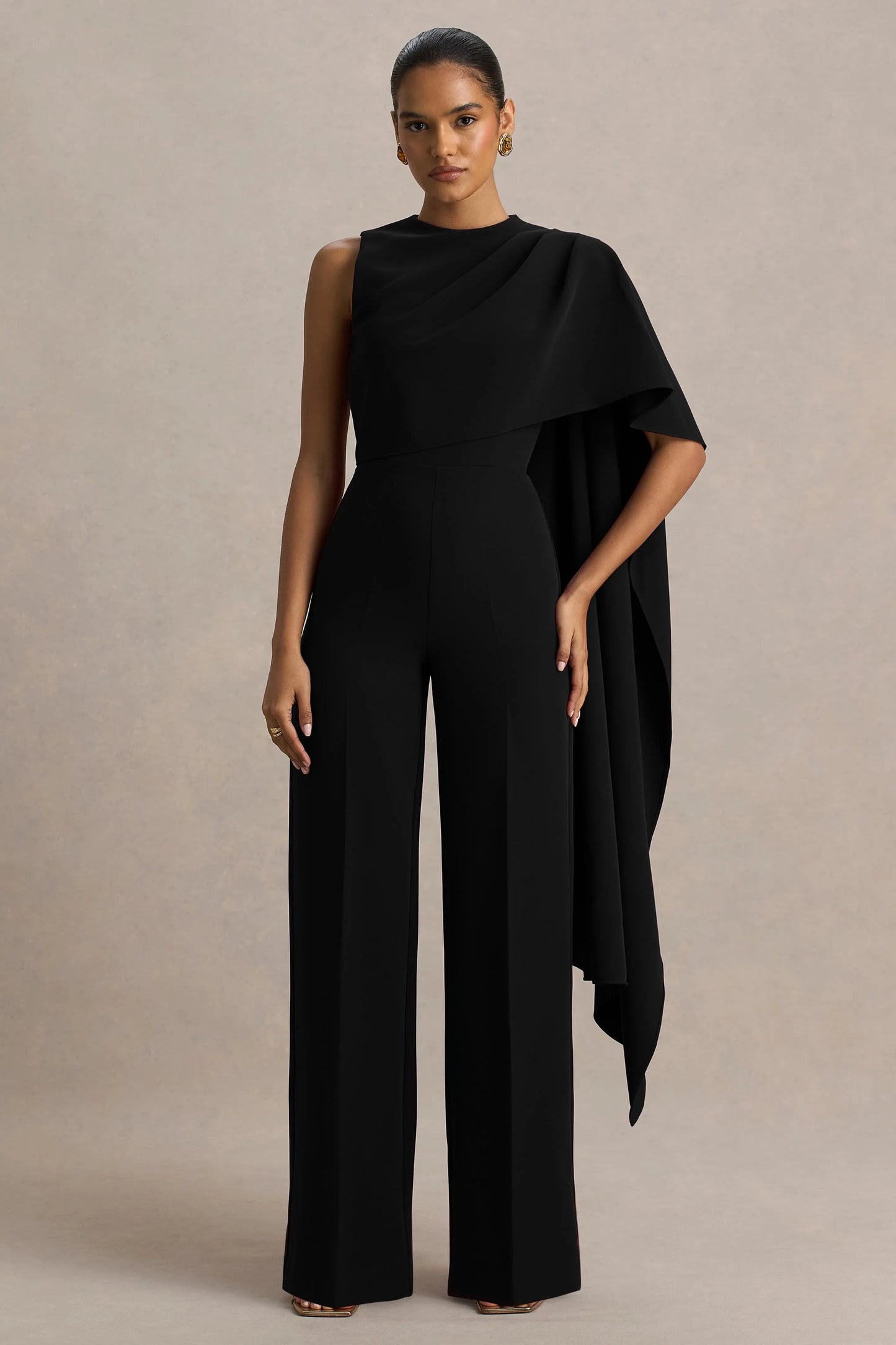 Sorenia Black High-Neck Jumpsuit With One-Cape Sleeve