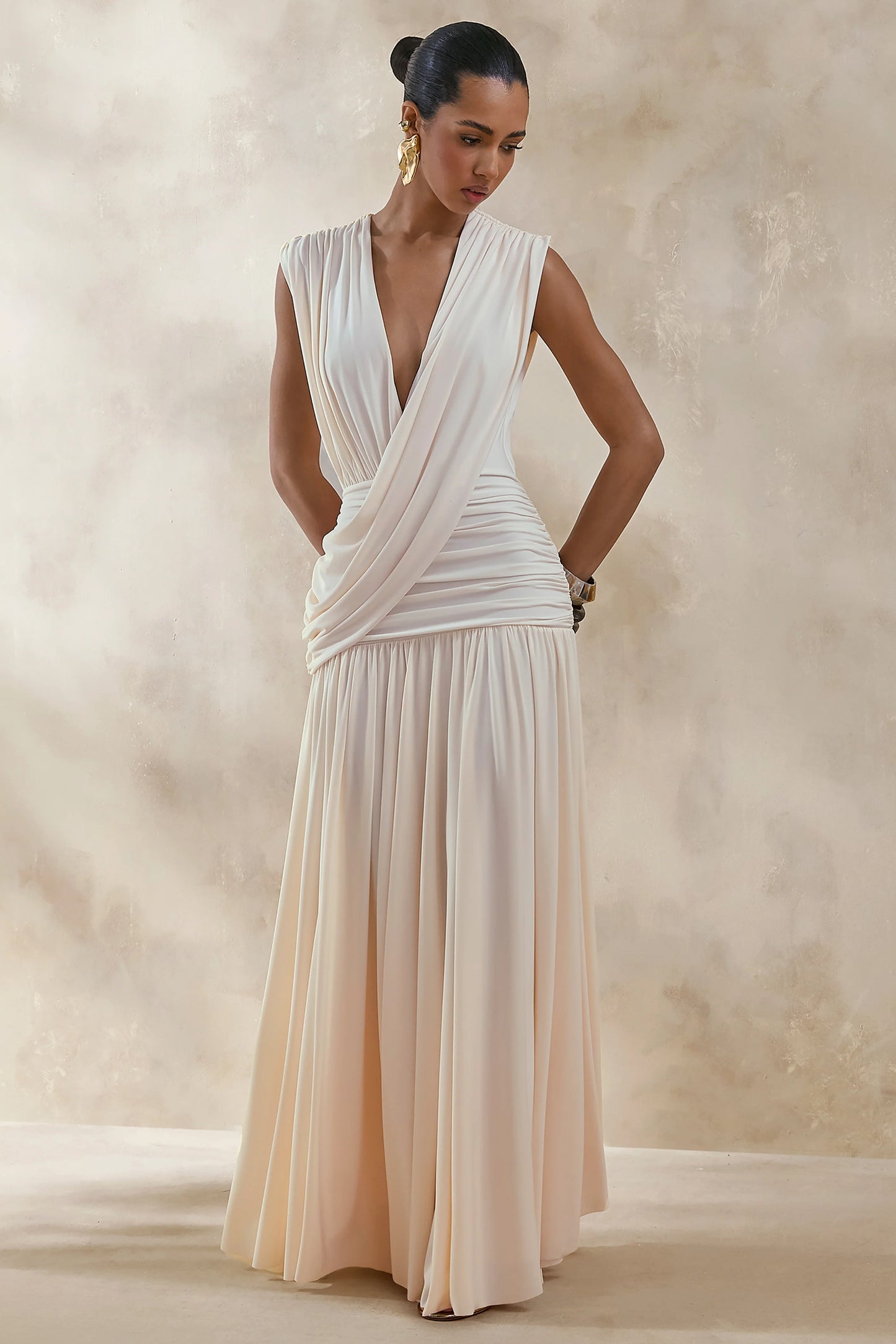 Glorina Cream Plunge-Neck Maxi Dress With Draped-Detailing