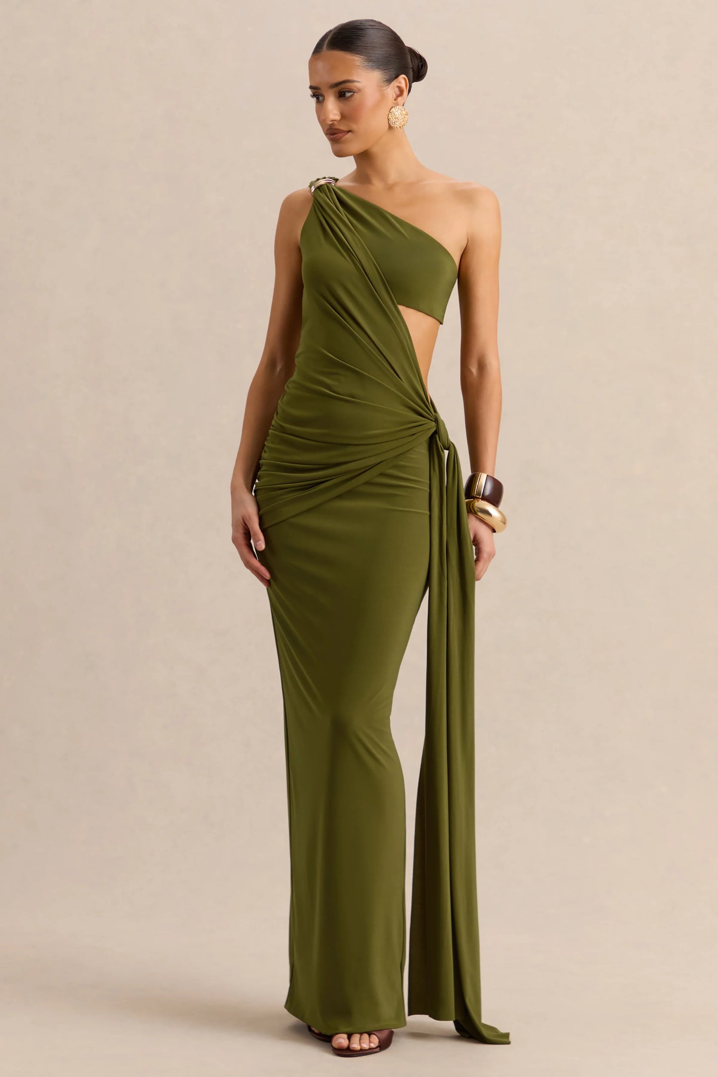 Clarosia Green Asymmetric-Neck Maxi Dress With Cut-Out With Sash