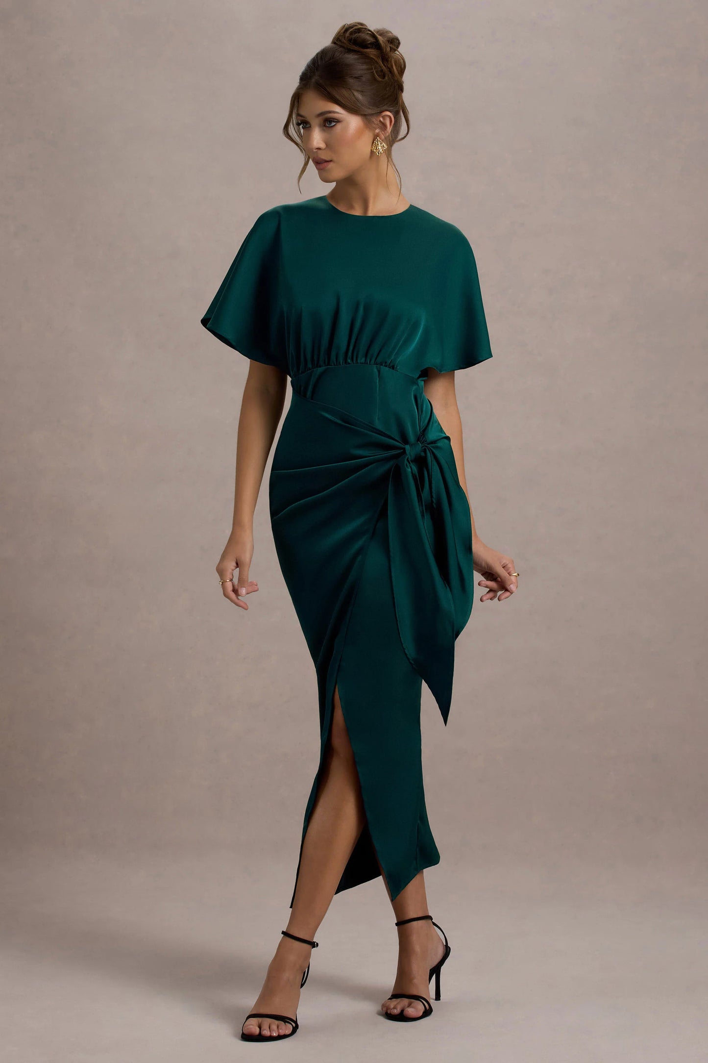 Mika Bottle Green Satin Short-Sleeve Wrap Maxi Dress