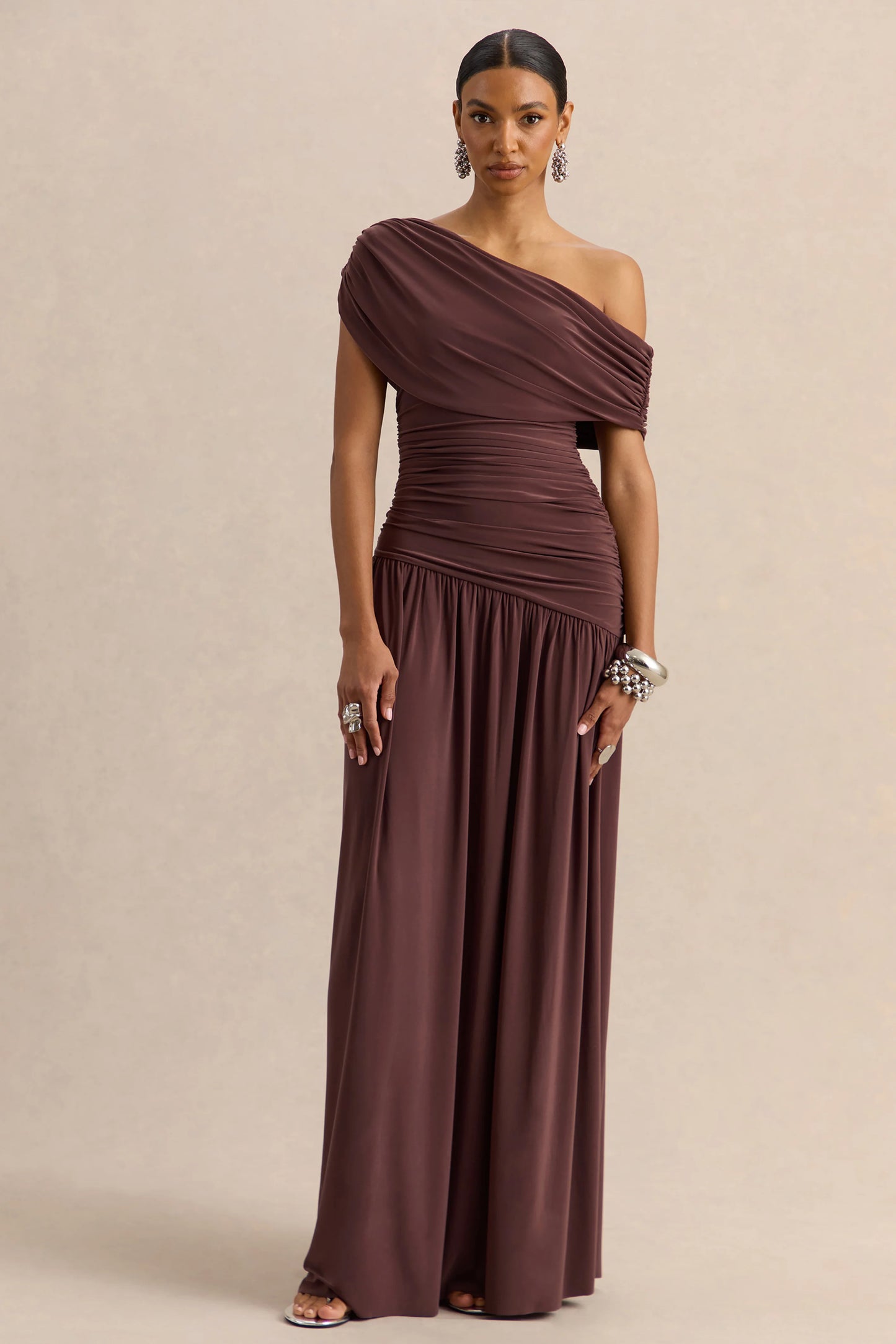 Emberly Brown Draped Asymmetric-Neck Maxi Dress With Drop-Waist