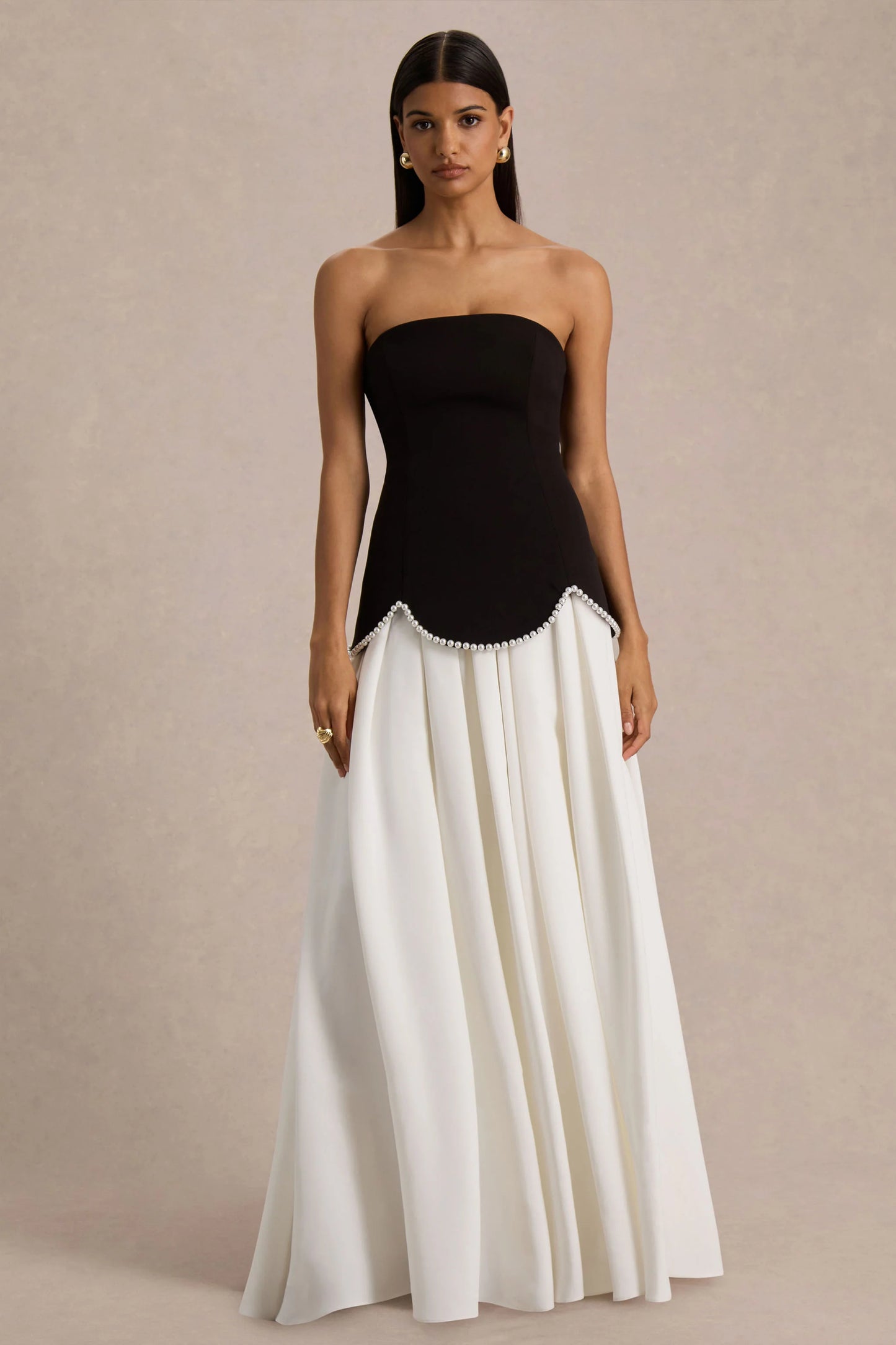 Wendy Black And White Maxi Dress With Drop-Waist And Pearl Embellishment
