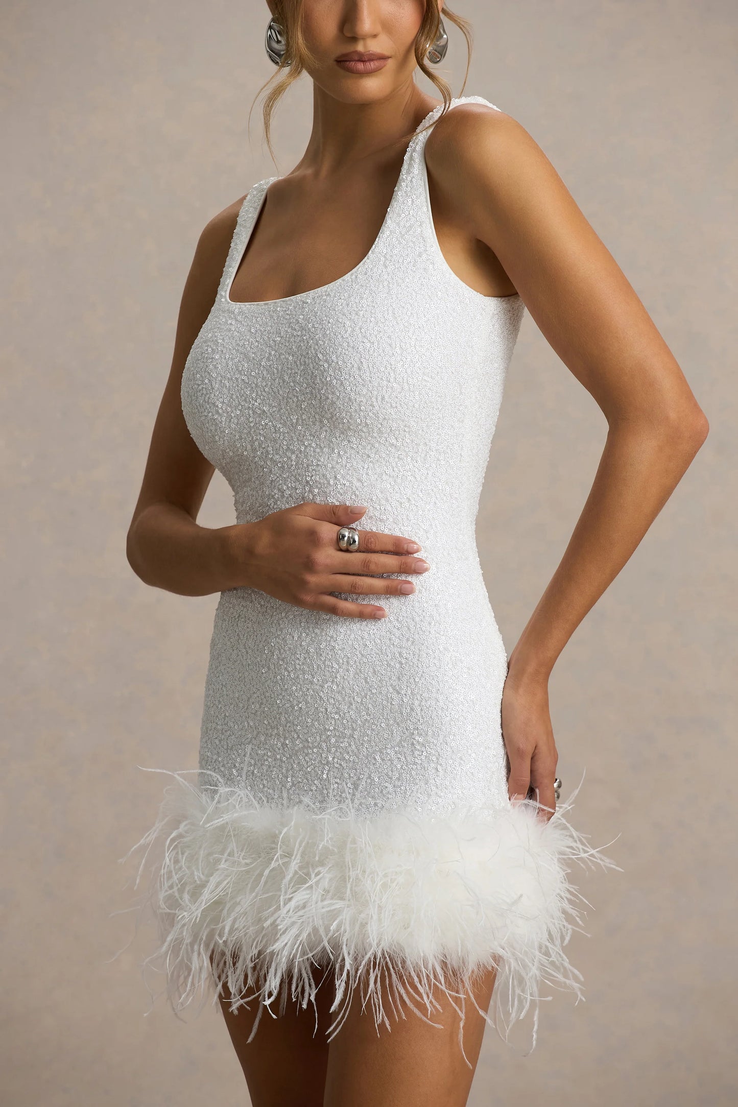 Rosalinda White Sequin Square-Neck Mini Dress With Feather Trim