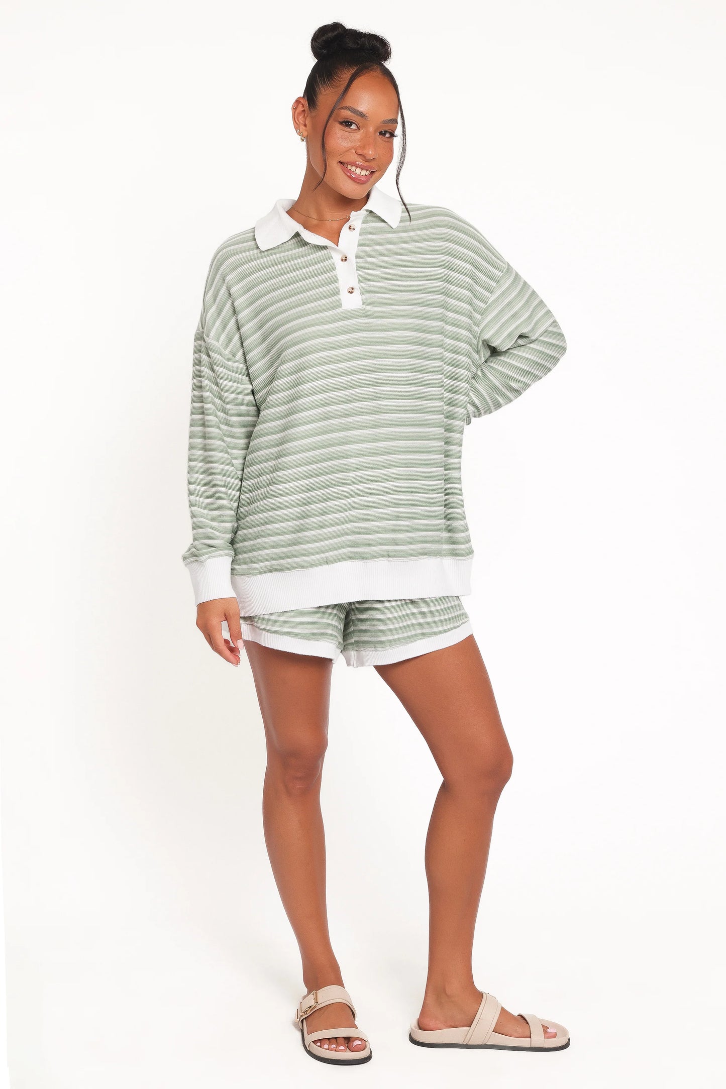 Dealia Knit Short Set - Sage Stripe