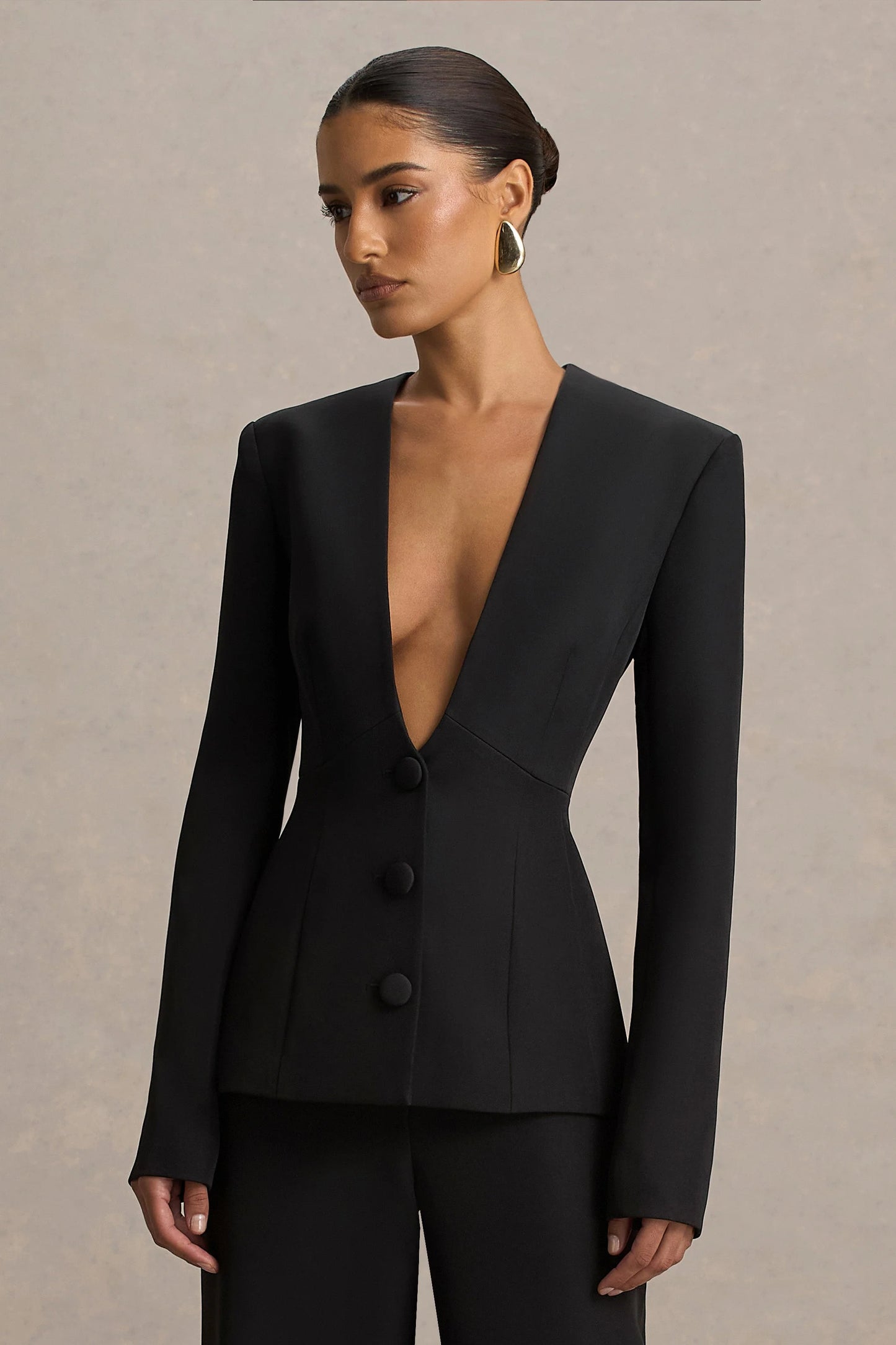 Rosalina Black Extreme-Plunge Neck Tailored Blazer