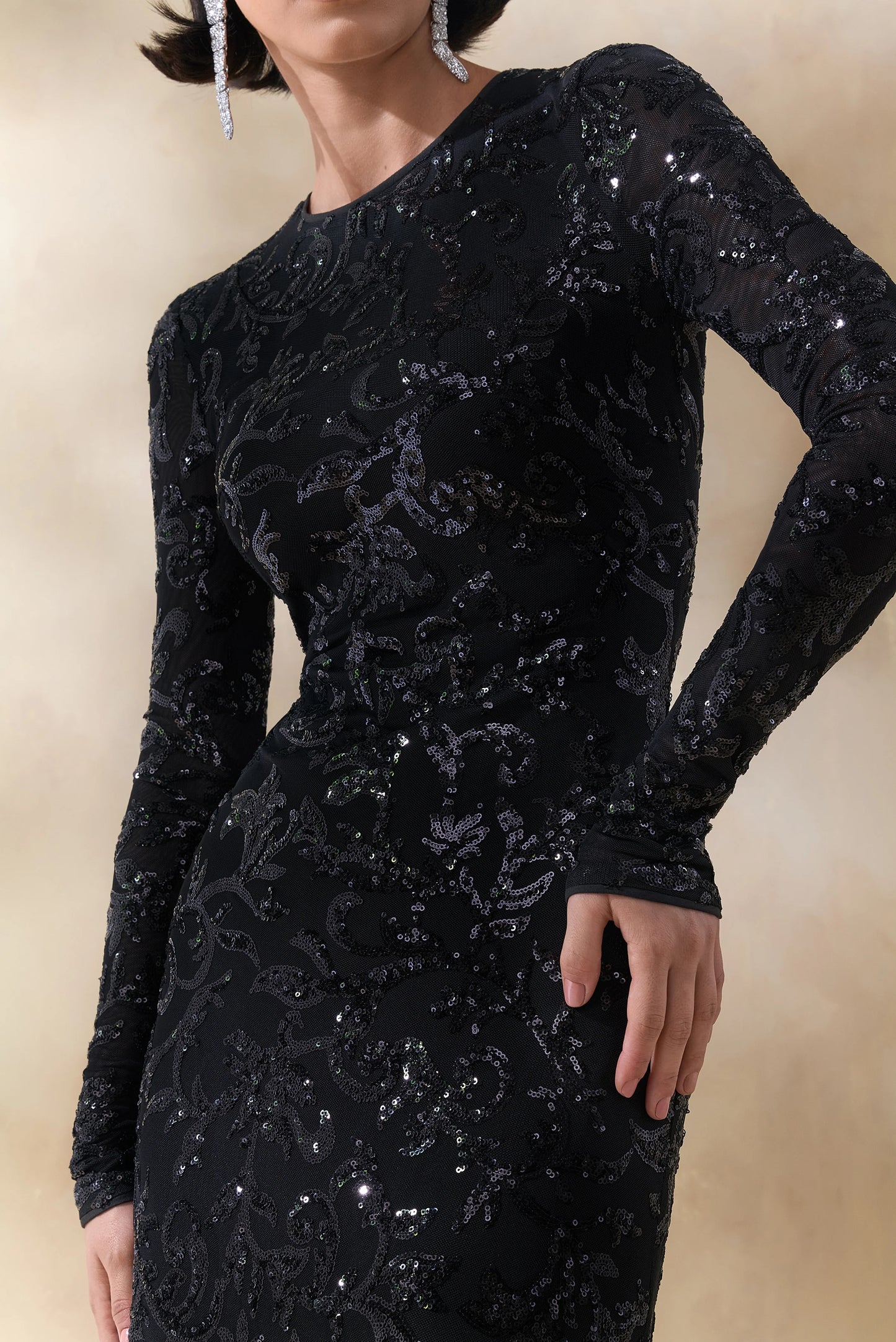 Stellar Black Embellished Lace High-Neck Maxi Dress With Long Sleeves