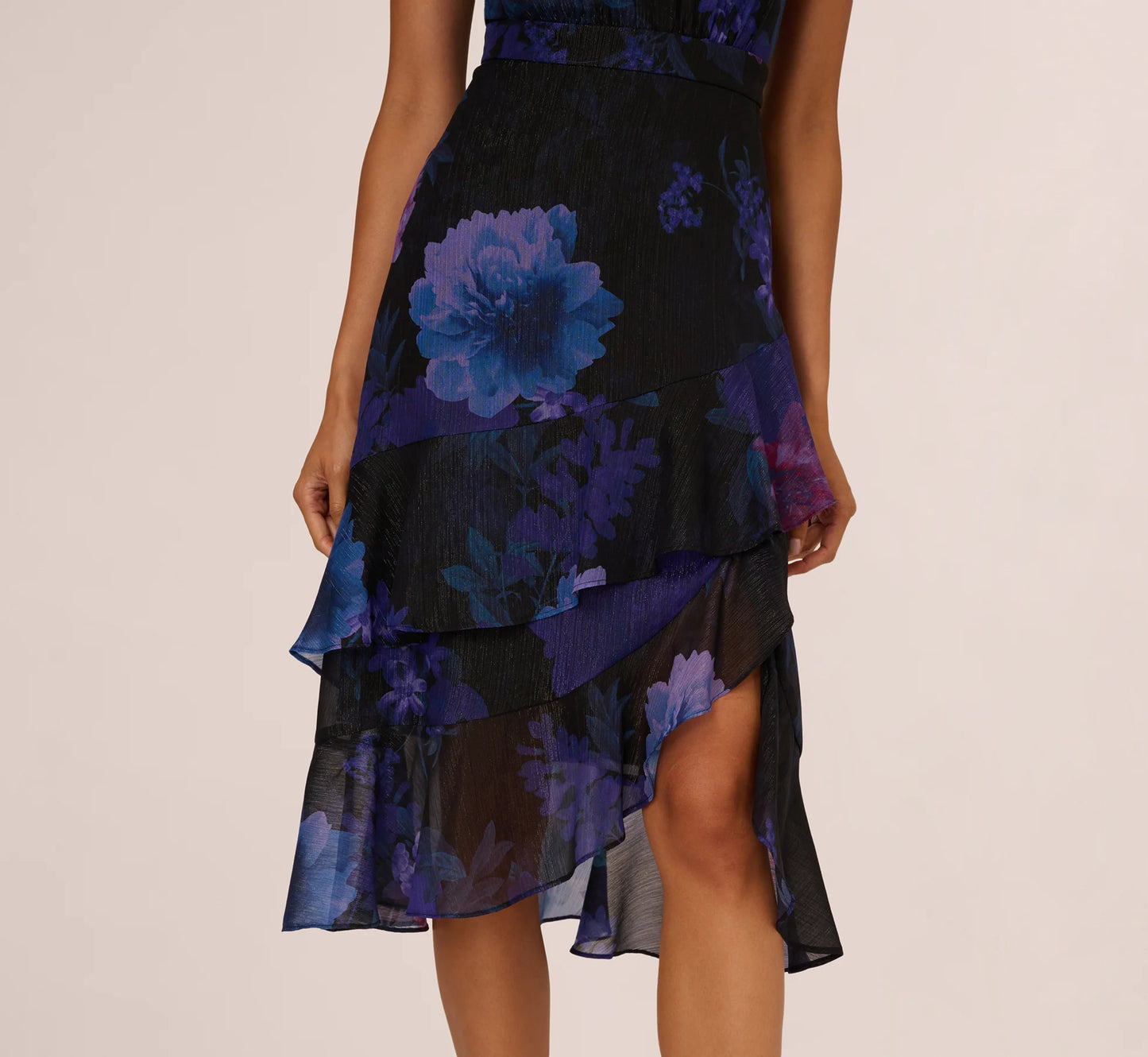 Sleeveless Glitter Floral Ruffle Midi Dress In Black Multi