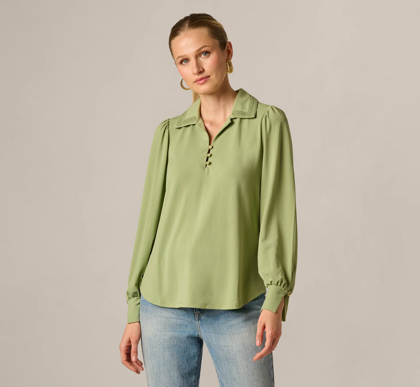 Bishop Sleeve Embroidered Blouse In Eucalyptus