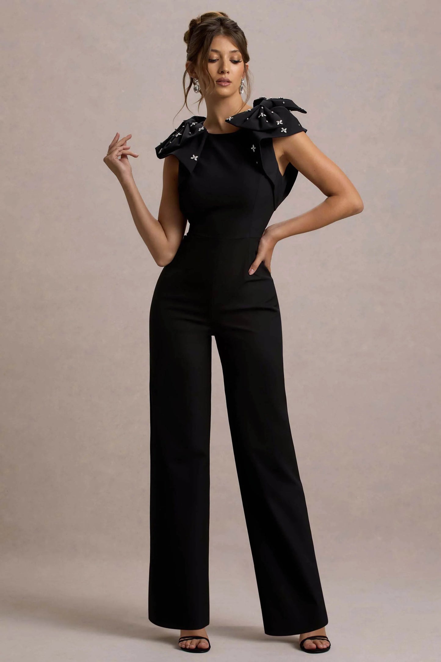 Elma Black Straight-Leg Jumpsuit With Embellished Bows