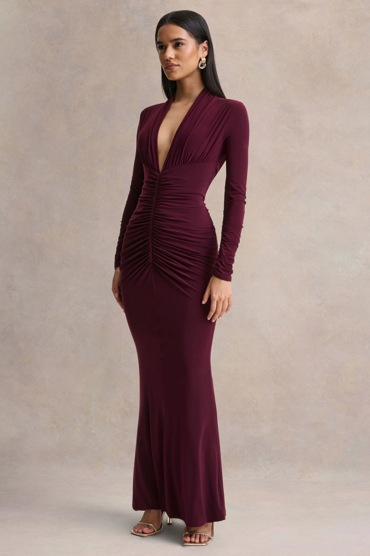 Tami Plum Plunge-Neck Long Sleeve Maxi Dress