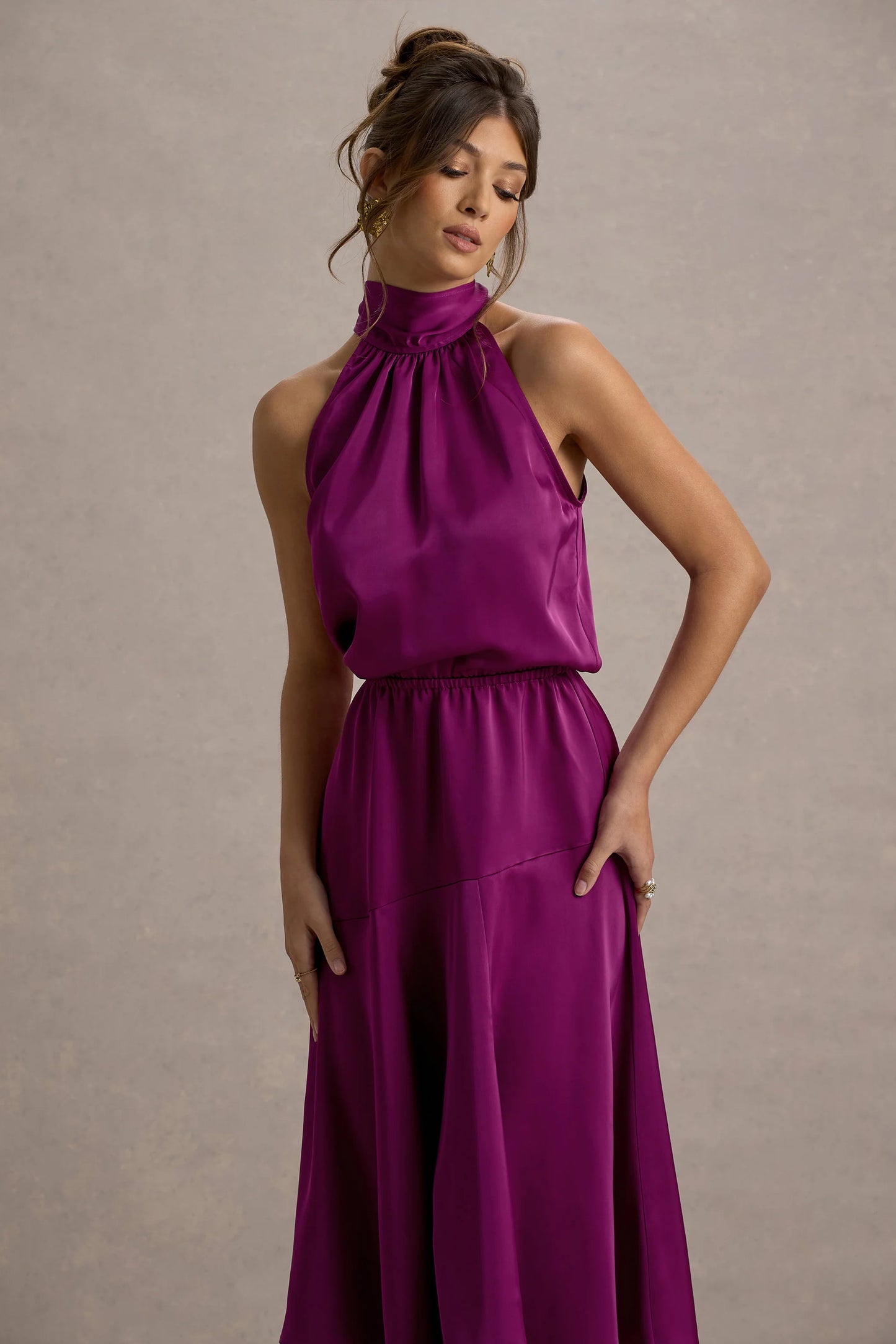 Palonia Dark Pink Satin High-Neck Split Midi Dress