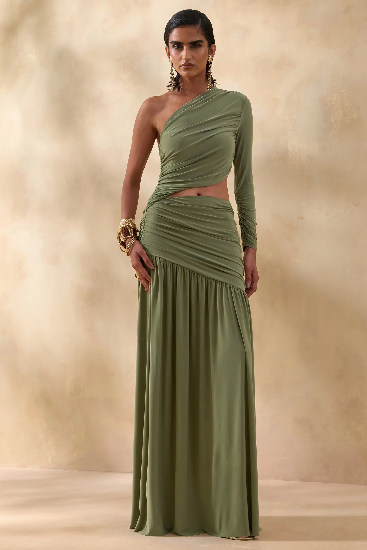 Kinsley Olive Asymmetric-Neck Maxi Dress With Body Cut-Out Detail