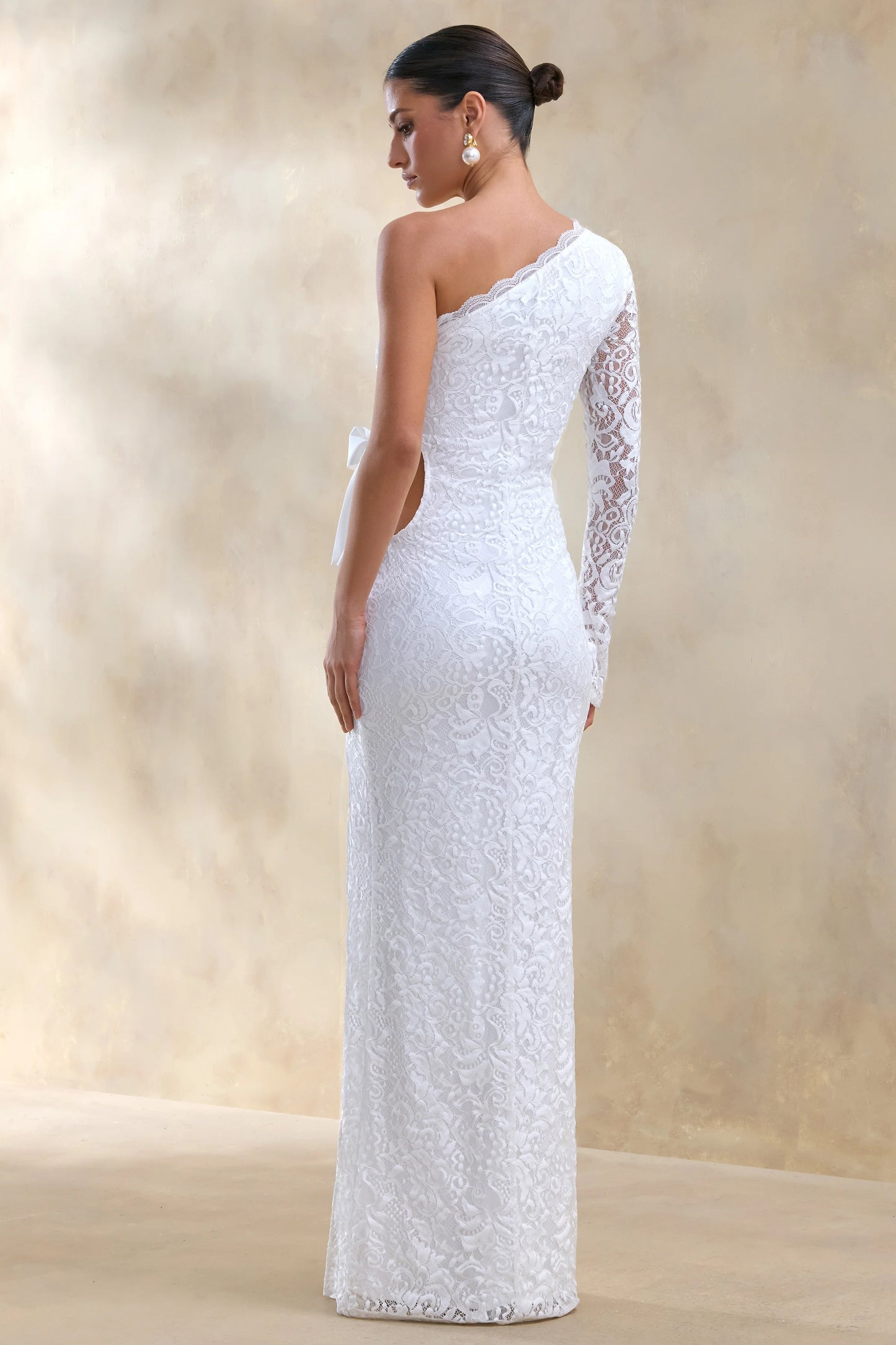 Norna White Lace Asymmetric-Neck Maxi Dress With Cut-Out And Bow Details