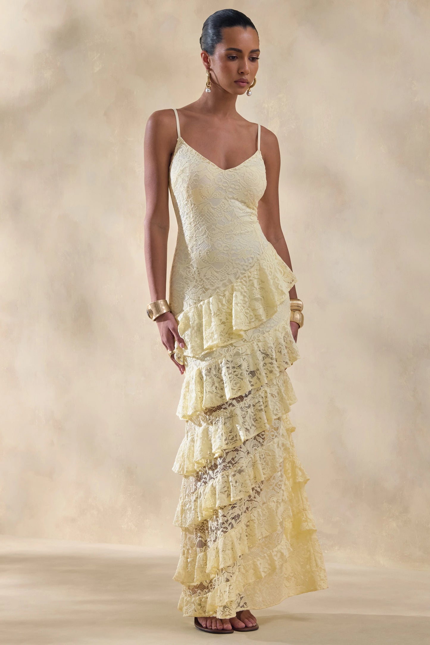 Avelisse Lemon Lace Plunge-Neck Maxi Dress With Ruffled Detailing