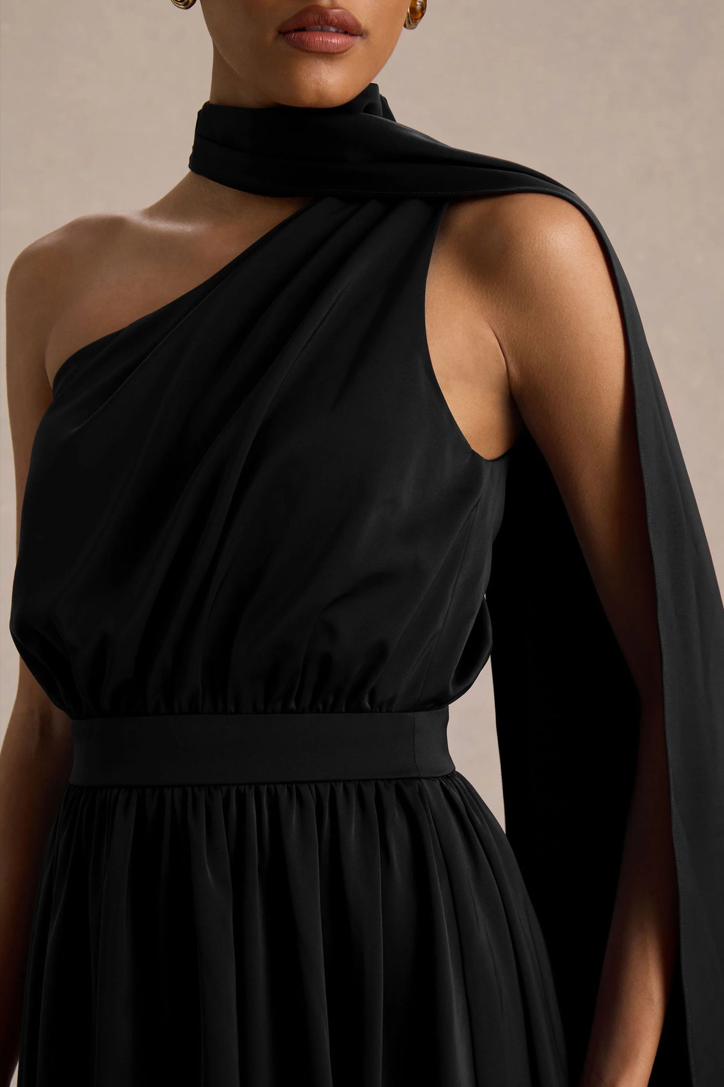 Caluna Black Satin Asymmetric-Neck Midi Dress With Scarf-Detail
