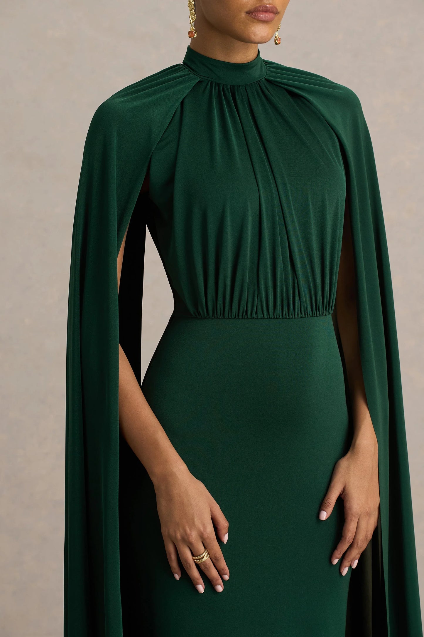 Darielle Bottle Green High-Neck Cape-Sleeve Maxi Dress