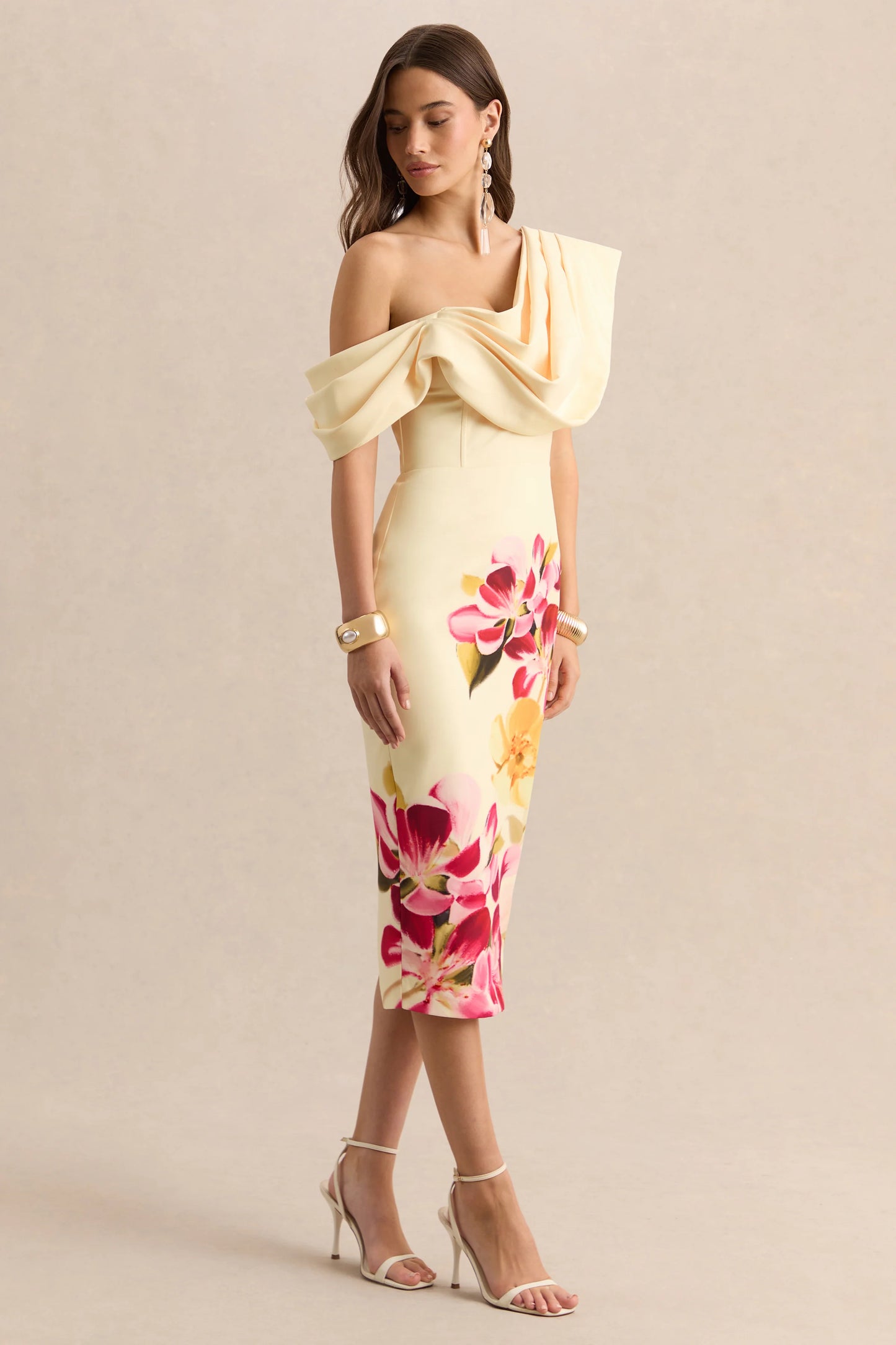 Adrina Hot Pink & Lemon Floral Print Draped One Shoulder Midi Dress