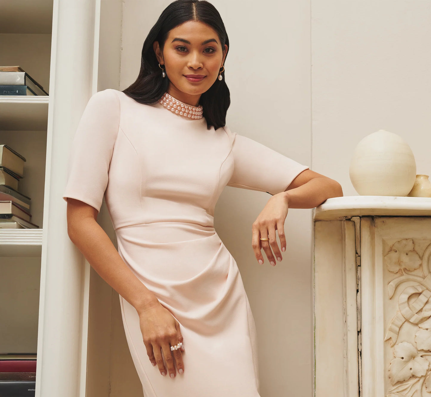 Embellished Short Sleeve Crepe Midi Sheath Dress In Joyful Blush